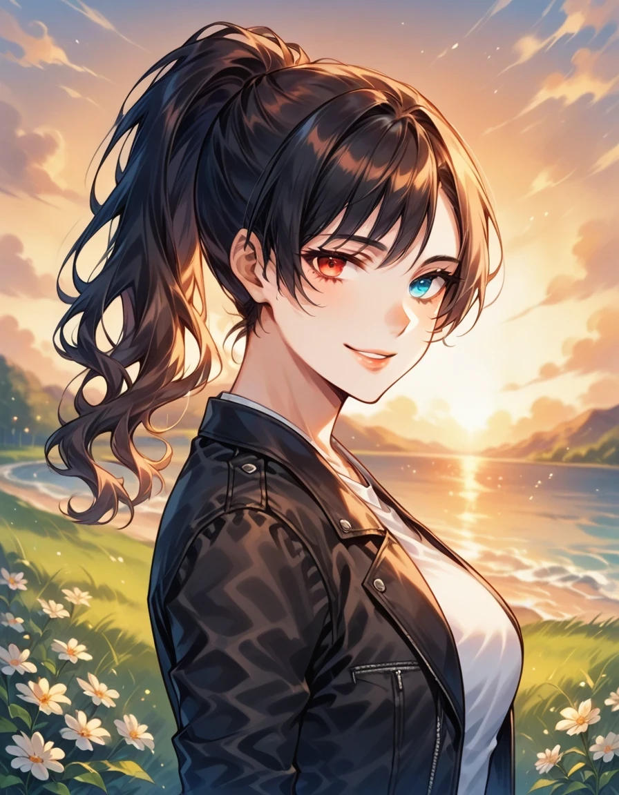 score_9, score_8_up, score_8, 
viola, ponytail hair, heterochromia eyes, left eye red, blue eye blue, 1girl, solo, blue eyes, heterochromia, ponytail, red eyes, black hair, lips
cute, smile, mature,
jeans, white tshirt, black leather jacket
outside, spring, amazing background, sky, clouds, sunset, 
portrait, bokeh,