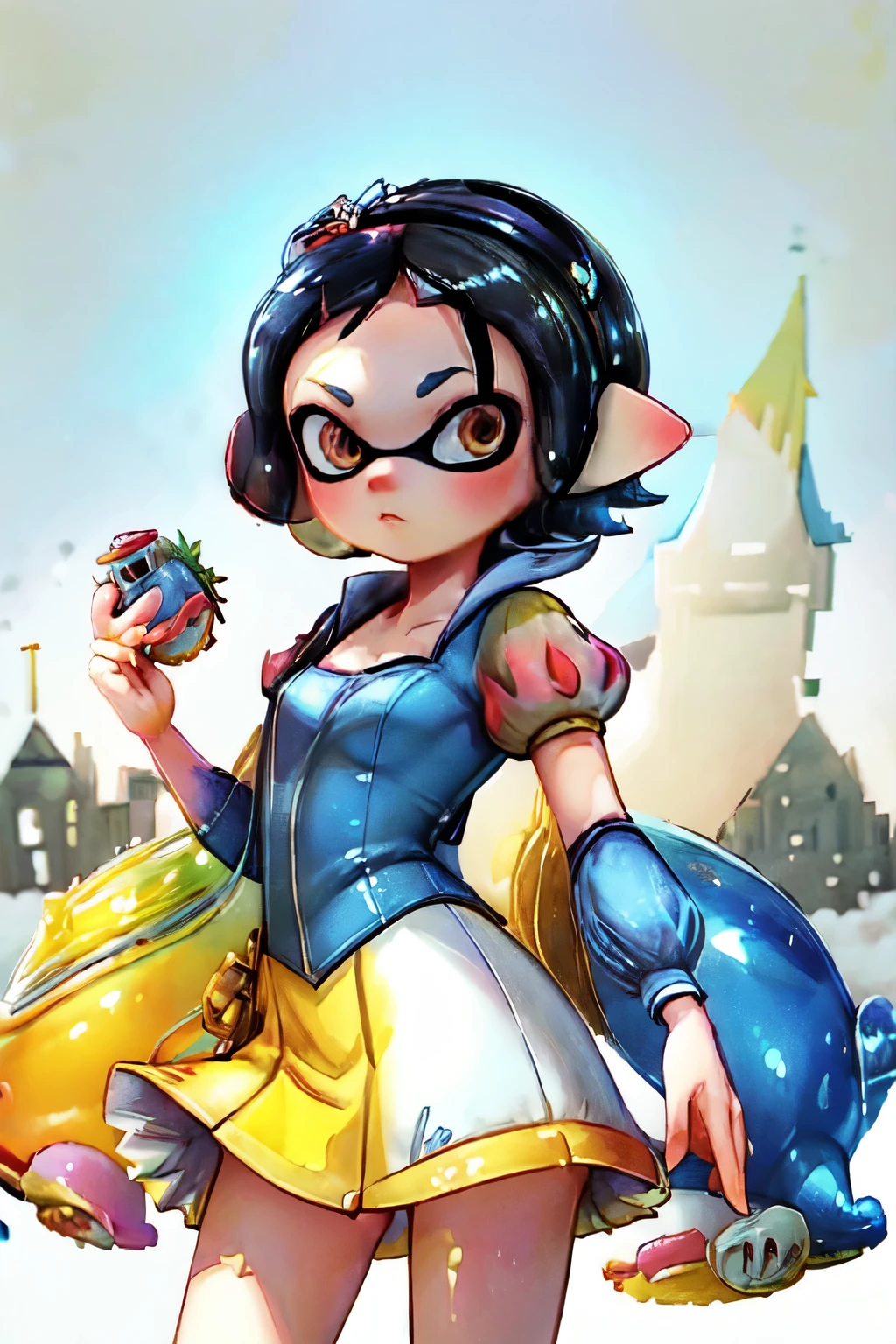 ((masterpiece:1.2), highest quality, High resolution, Real Anime、3D), ((Splatoon Girl)), One girl, (Snow White,Disney&#39;s Snow White Cosplay),(Beautiful Skin:1.2),(Droopy eyes:1.4), (19 years old,gigantic breast,Golden Eyes,Big eyes,Black tentacle hair,Short tentacle hair:1.1),Elegant face, blush、Smiling with mouth slightly open、(A red headband with a big red bow in the middle:1.3),
((Snow White Costume))、Princess,(Blue clothes, yellow micro mini skirt), Cleavage、Cowboy Shot,
View Viewer, (The background is a castle:1.2) 