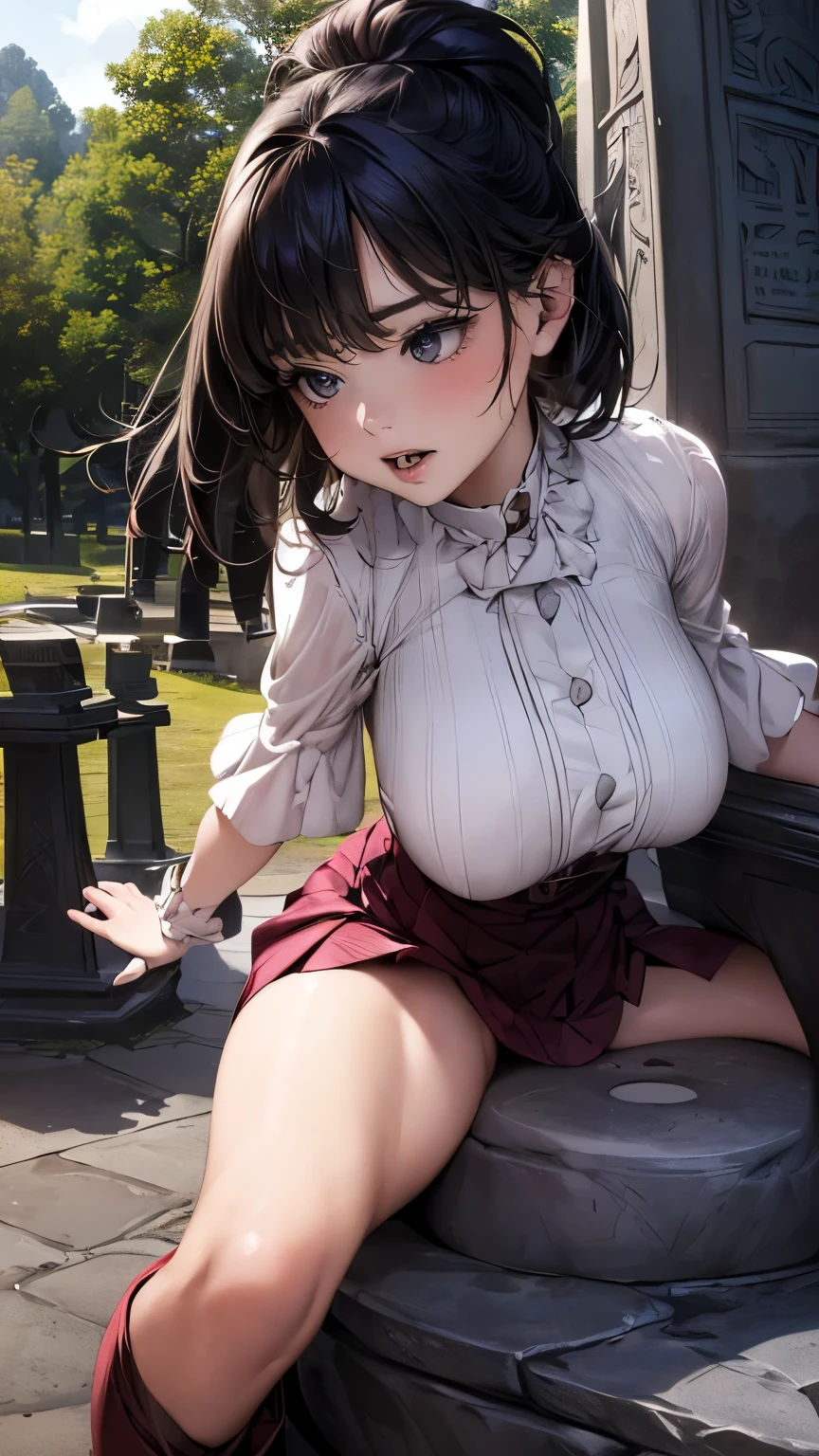 ((drooping eyes, ecstasy)), (((focus on her round face))), (((straddling to hit her crotch against a standing stone monument, eccentric pose))), (a woman who feels sexual arousal, bending legs to open legs, hiding her crotch with her long skirt), outside,