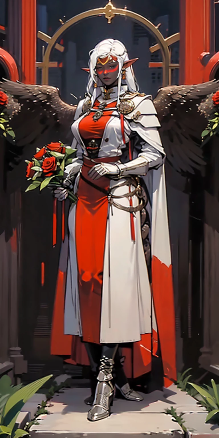 1SOLOfemale Drow elf purple skin, Full body, masterpiece, female standing pose (yellow tiger bikini) red cape, red bikini, long white hair, strong body, abs, shiny skin, sunglasses, FEMALE, big breasts, voluminous breasts, curvy breasts, mesh stockings, standing with a bouquet (red roses) full height, bottom view, best quality, very detailed, ultra 8k resolution, huge breast, coat , vest, long skirt, portrait, full body, Victoria's clothing, long dress, knight, pants, black skin suit, medieval city, plants, vest, polo shirt, forest, long skirt