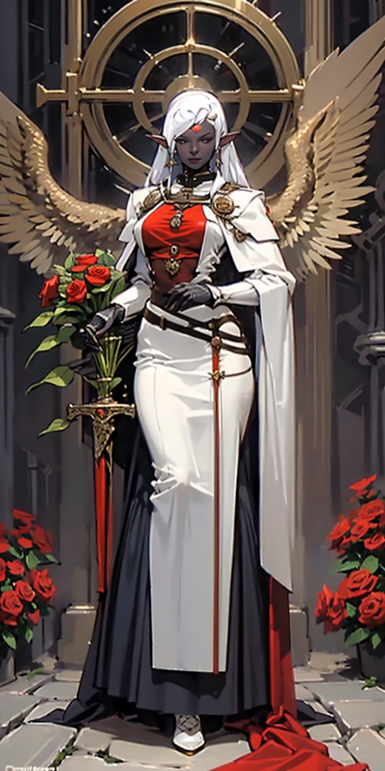1SOLOfemale Drow elf purple skin, Full body, masterpiece, female standing pose (yellow tiger bikini) red cape, red bikini, long white hair, strong body, abs, shiny skin, sunglasses, FEMALE, big breasts, voluminous breasts, curvy breasts, mesh stockings, standing with a bouquet (red roses) full height, bottom view, best quality, very detailed, ultra 8k resolution, huge breast, coat , vest, long skirt, portrait, full body, Victoria's clothing, long dress, knight, pants, black skin suit, medieval city, plants, vest, polo shirt, forest, long skirt
