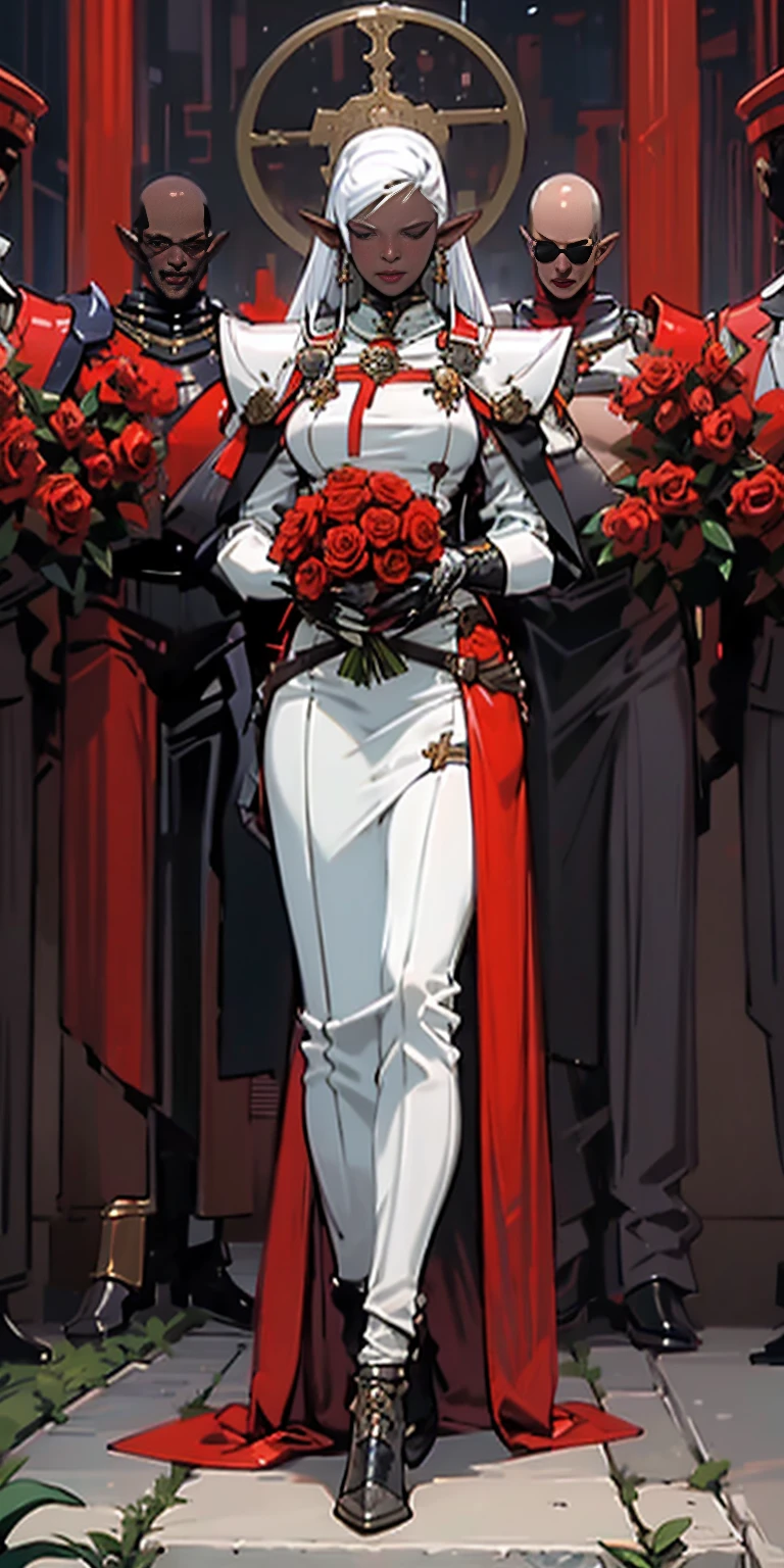 1SOLOfemale Drow elf purple skin, Full body, masterpiece, female standing pose (yellow tiger bikini) red cape, red bikini, long white hair, strong body, abs, shiny skin, sunglasses, FEMALE, big breasts, voluminous breasts, curvy breasts, mesh stockings, standing with a bouquet (red roses) full height, bottom view, best quality, very detailed, ultra 8k resolution, huge breast, coat , vest, long skirt, portrait, full body, Victoria's clothing, long dress, knight, pants, black skin suit, medieval city, plants, vest, polo shirt, forest, long skirt