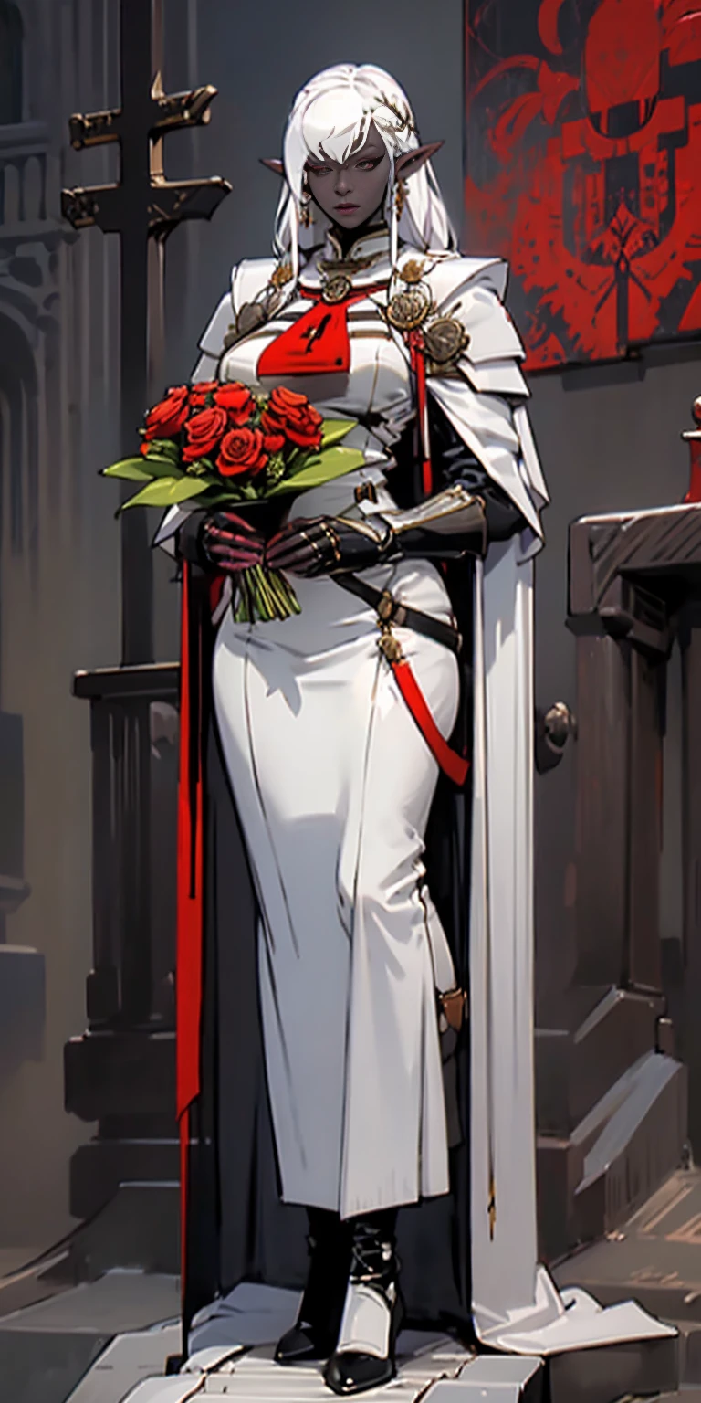 1SOLOfemale Drow elf purple skin, Full body, masterpiece, female standing pose (yellow tiger bikini) red cape, red bikini, long white hair, strong body, abs, shiny skin, sunglasses, FEMALE, big breasts, voluminous breasts, curvy breasts, mesh stockings, standing with a bouquet (red roses) full height, bottom view, best quality, very detailed, ultra 8k resolution, huge breast, coat , vest, long skirt, portrait, full body, Victoria's clothing, long dress, knight, pants, black skin suit, medieval city, plants, vest, polo shirt, forest, long skirt