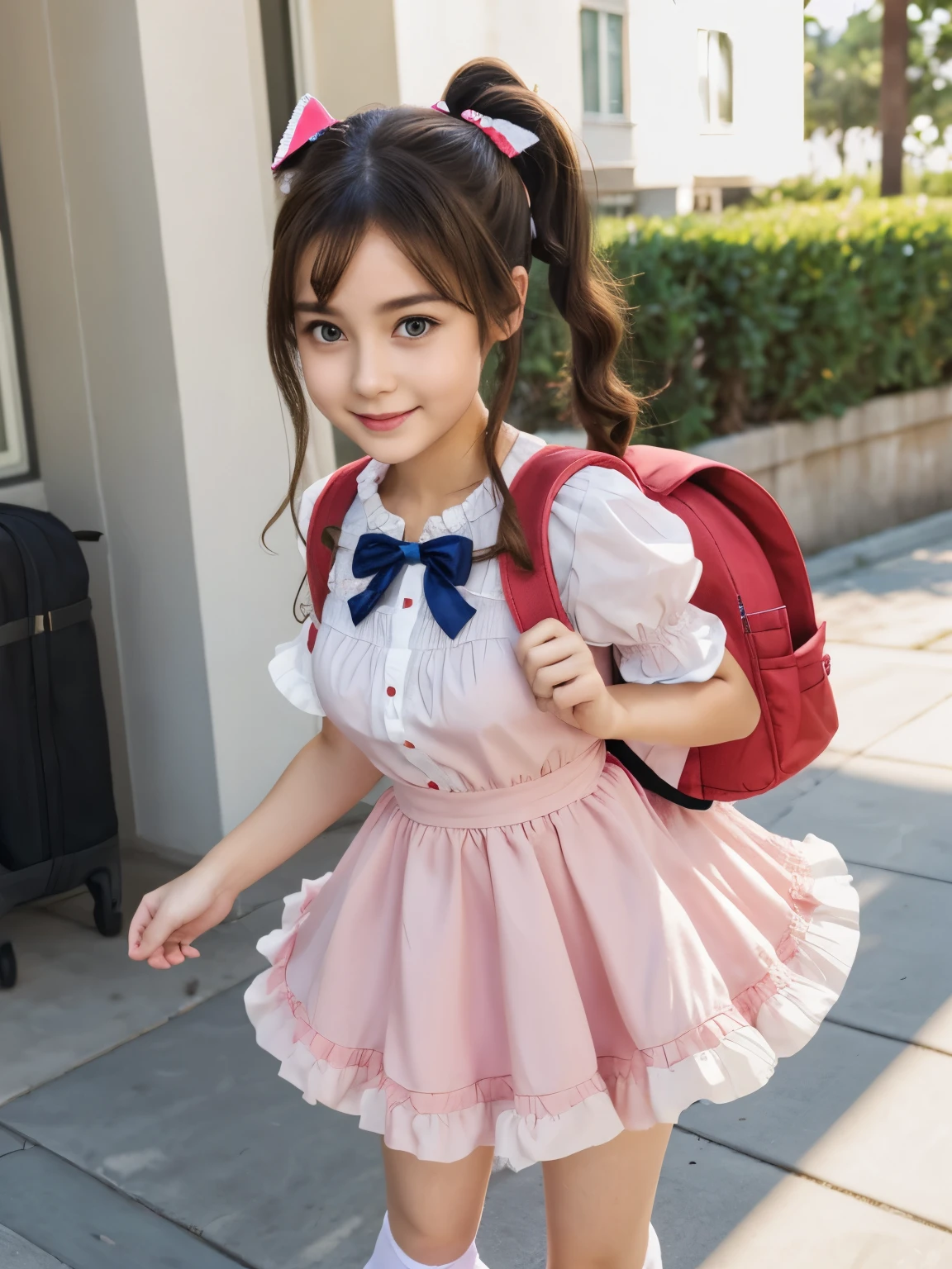 Masterpiece, hd, realistic, 1girl, brown hair, hair clio, medium hair, ponytail, smile, 20 y.o, medium breasts, blue eyes, hair bands, cat ears,  wearing red  backpack, (backpack:1.1),  wear idol dress, frilled dress, cute dress, pink-white dress, short sleeves, puffy sleeves, standing, outdoor, fullbody, wearing high heels, black stocking