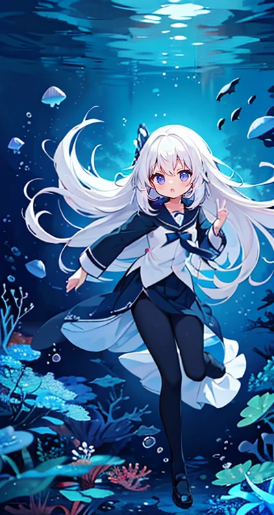 (Peace Fly), (highest quality), Very detailed, 1 girl, Personal full-body photo, Perfect Face, beautiful girl, Very detailed顔,(Long white hair:1.5),(blue eyes:1.4),(Flowing Hair:1.4),(Underwater:1.4),sink,school fishy,Light,jellyfish,Seaweed,Redfish,fishy,deep sea,Fantasy