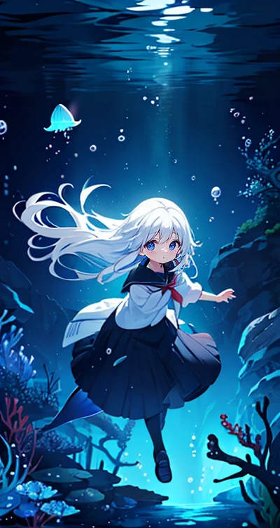 (Peace Fly), (highest quality), Very detailed, 1 girl, Personal full-body photo, Perfect Face, beautiful girl, Very detailed顔，(Long white hair:1.5)，(blue eyes:1.4)，(Flowing Hair:1.4)，(Underwater:1.4)，sink，school fishy，Light，jellyfish，Seaweed，Redfish，fishy，deep sea，Fantasy