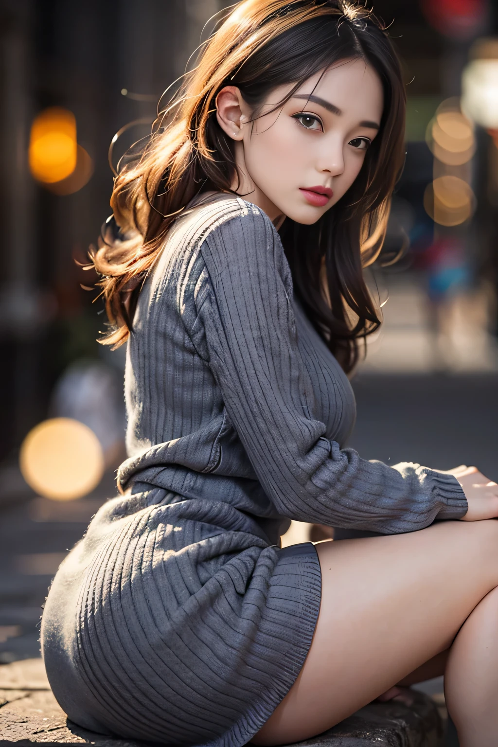 (masterpiece:1.3), (8k, Realistic, RAW Photos, highest quality: 1.4), (1 female), Beautiful mature face, Beautiful big breasts、(Thin face), Beautiful grey hairstyles, Realistic eyes, Beautiful and beautiful eyes, (Realistic skin), Beautiful Skin, break、(ribbed fabric Sweater dress、Big Size), Confused, charm, charm、Ultra-high resolution, Surreal, Very detailed, Beautiful feet、Charming thighs、Back streets at night、Busy Street、Shadow、Shyly、Shiny sexy lips and lip gloss💄、Glossy fluorescent pink lipstick、(Sweat, vapor)、((narrow, drooping eyes、Cold Stare、Don&#39;t look here))