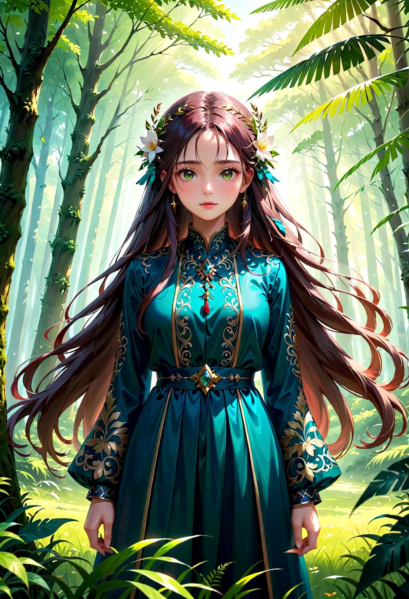 a beautiful detailed girl with long flowing hair wearing an elegant traditional costume, standing in a lush green forest landscape, (best quality,4k,8k,highres,masterpiece:1.2),ultra-detailed,extremely detailed eyes and face,longeyelashes,intricate details,vivid colors,soft lighting,cinematic composition
