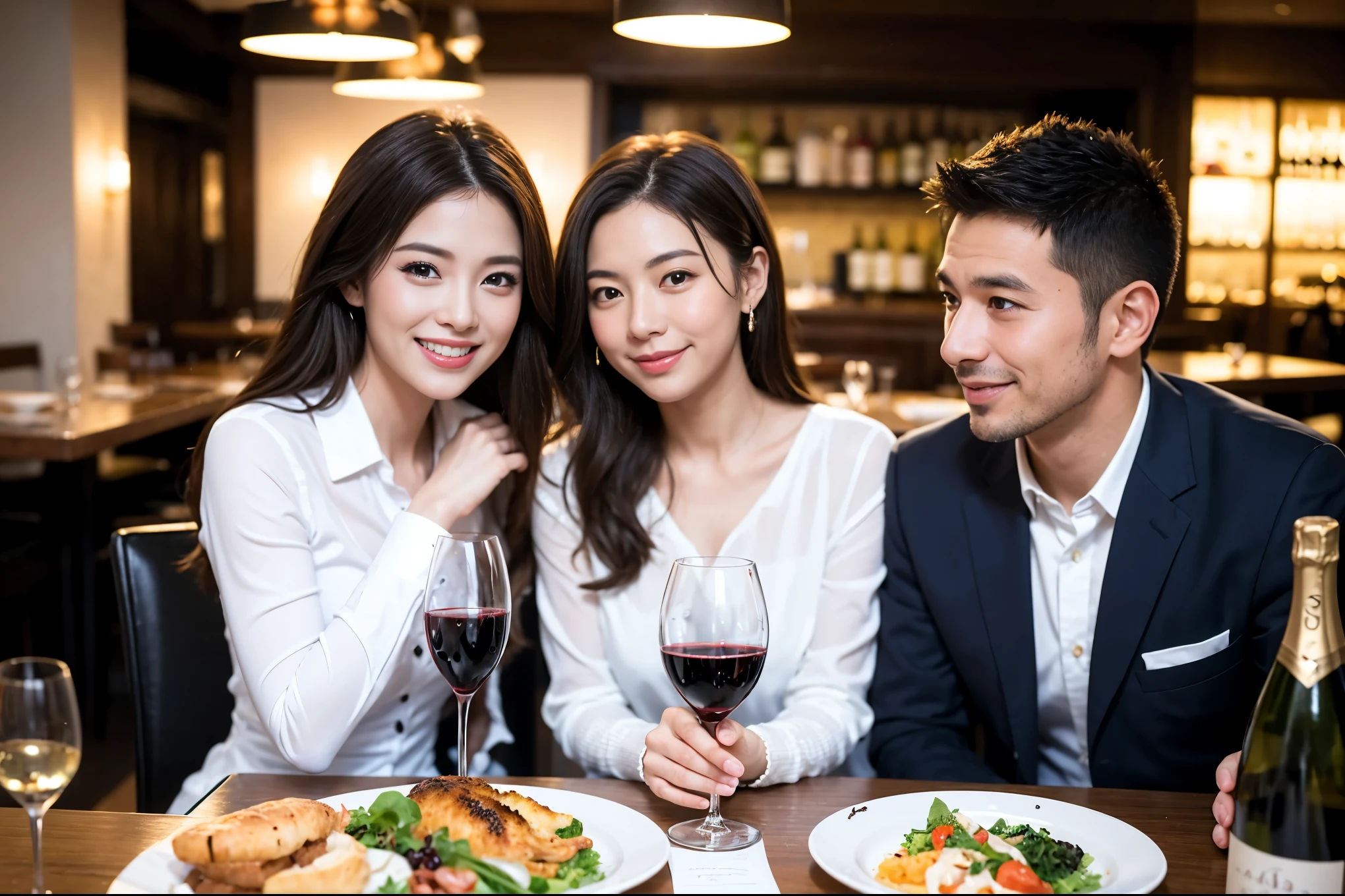 ((highest quality、8k、masterpiece:1.3))、1 male、1 female、spouse、Beautiful couple、smile、full-course dinner、 (Slim face), (the body is スリム), (Brown Hair), (Shortcuts), テーブルの上のwine glass、Put the light on your face、 Amazing view of the sunset sky and clouds、smileの美しさ、Shortcuts, (Age 35), 39 years old, Appetizers、Italian food、Wine bottle、Champagne、sparkling wine、Long sleeve shirt、dress、Attractive beauty、restaurant, Nova Frog Style, actress, model, Upper Body, White wine, red wine, wine glass,