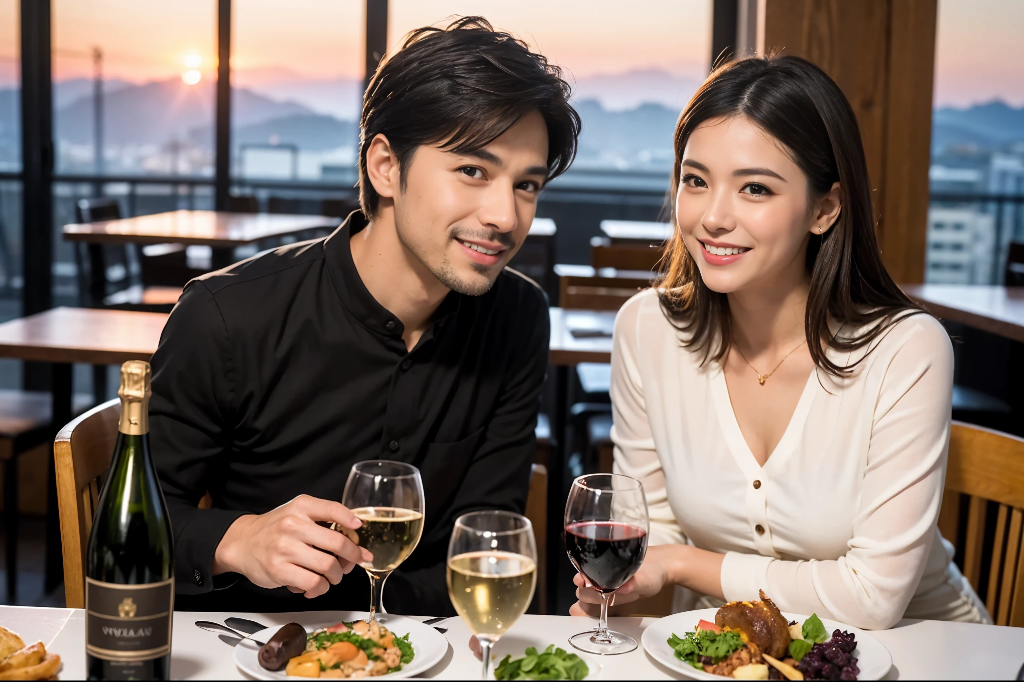 ((highest quality、8k、masterpiece:1.3))、1 male、1 female、spouse、Beautiful couple、smile、full-course dinner、 (Slim face), (the body is スリム), (Brown Hair), (Shortcuts), テーブルの上のwine glass、Put the light on your face、 Amazing view of the sunset sky and clouds、smileの美しさ、Shortcuts, (Age 35), 39 years old, Appetizers、Italian food、Wine bottle、Champagne、sparkling wine、Long sleeve shirt、dress、Attractive beauty、restaurant, Nova Frog Style, actress, model, Upper Body, White wine, red wine, wine glass,