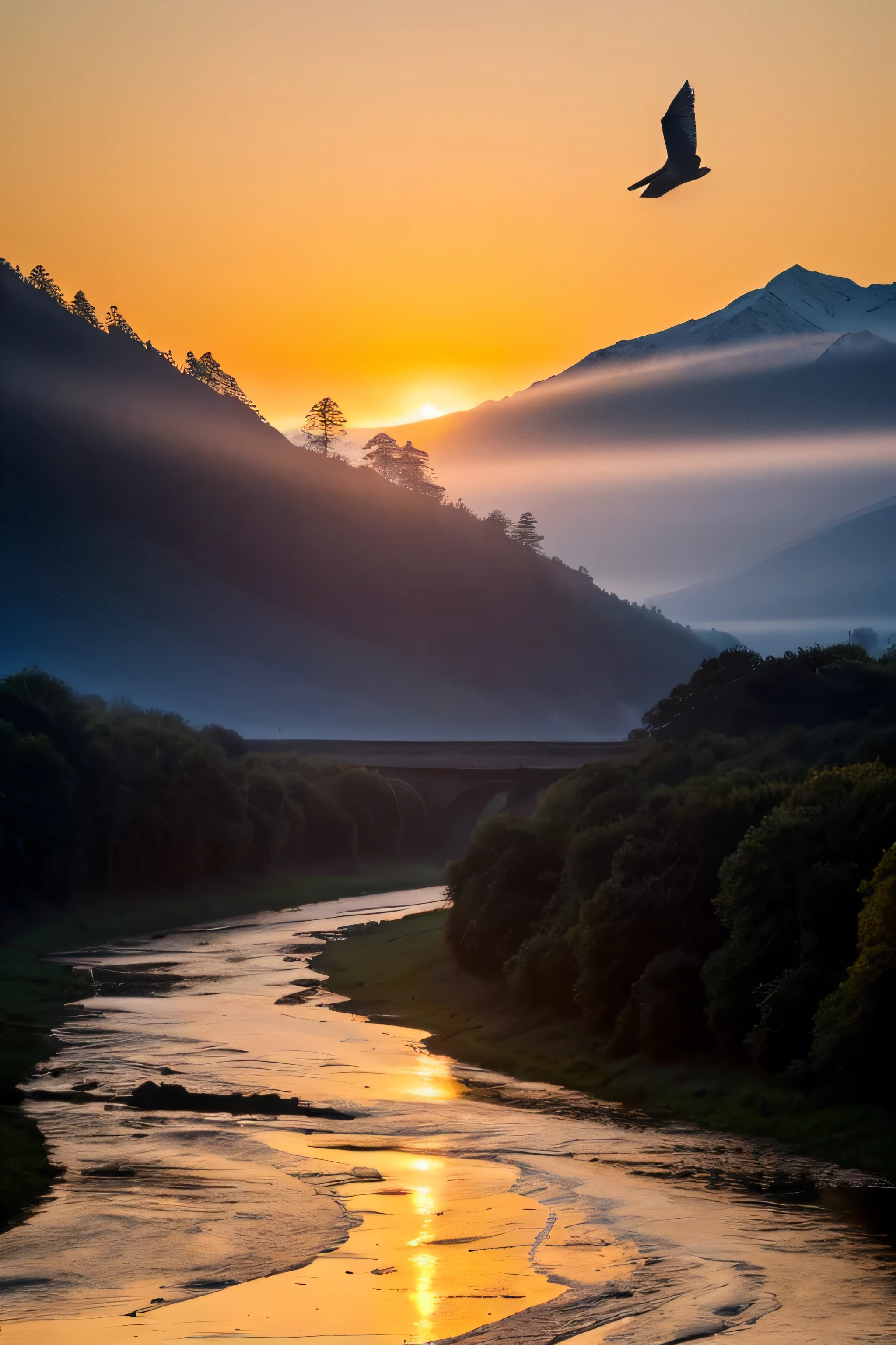 there are three birds flying over a river at Sunset, sunrise, the sun risess between two mountains, stunning nature in background, Sunset, natural harmony, Warm and beautiful scene, Sunset in a valley, Magnificent natural scenery, at sunrise, dawn, early morning, Mysterious environment, morning dawn, morning sunrise, the sun rises, Tranquil scenery, A peaceful scene, Peaceful and tranquil