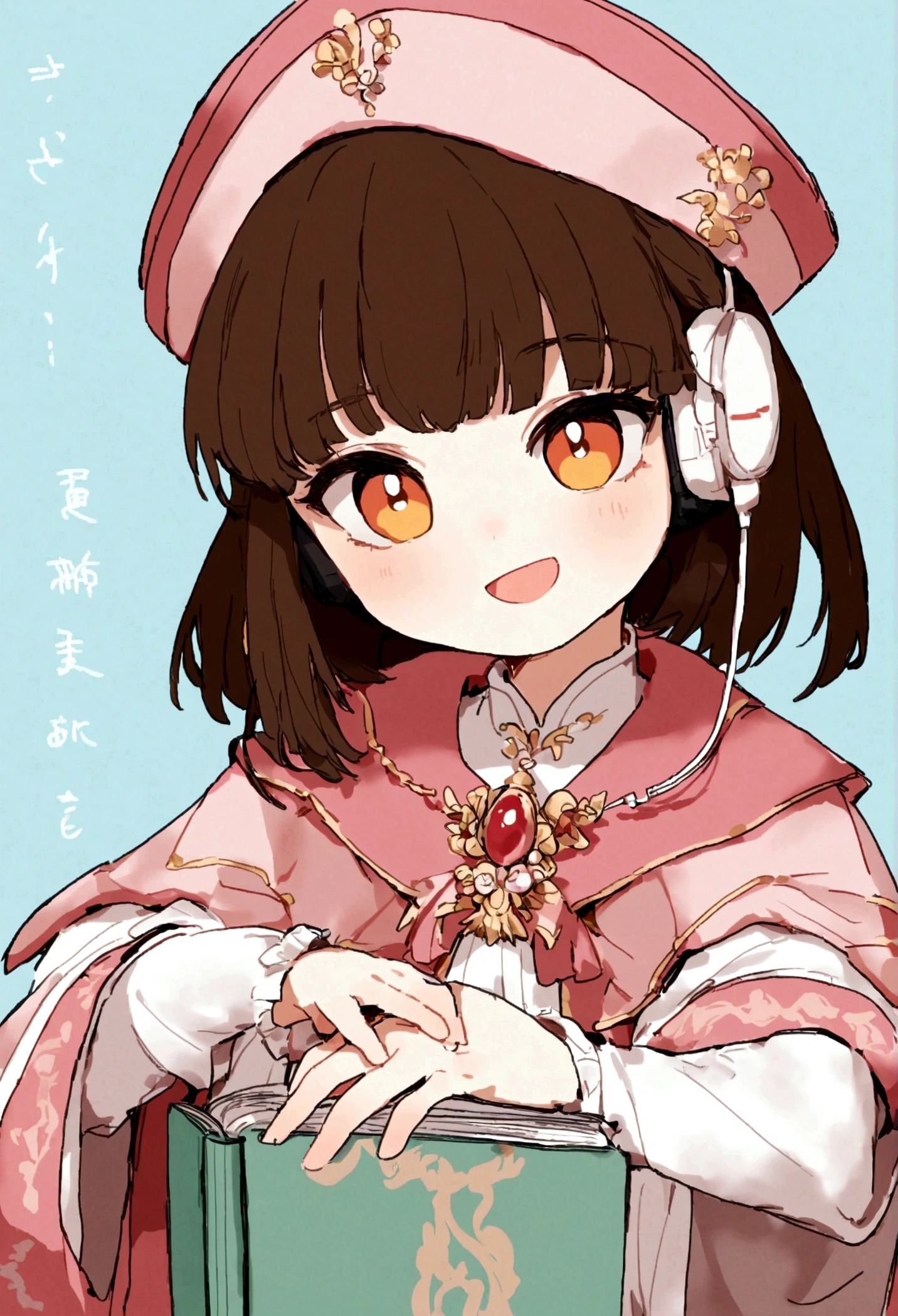 (Daisaku),(Need),(Super meticulous),(full bodyesbian:1.2),1girl,tchibi,adolable,ssmile,open-mouth smile,Light blue background,Raise your right hand,Hold a pencil in hand,Hold a book in your left hand,Music,Pink berets,Manteau,The shirt,short detailed hair,green headwear,Blurred,brunette color hair,longer sleeves,By bangs,Earphone,brunette color hair,(beautiful detailed face),(Beautiful and delicate eyes),