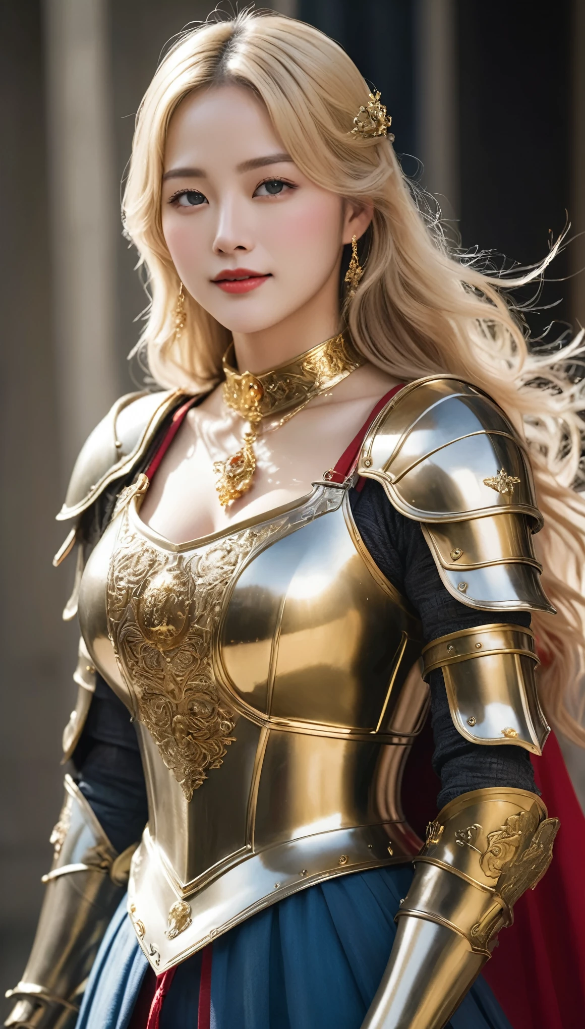 masterpiece,highest quality,上位のknight,(女性knight_knight:1),(Gold Armor:1.3), (35歳の女性knight:1.3),、Big and ample breasts Big big cleavage ,Hyper Real,中世ヨーロッパのbattlefieldにいる,Beautiful smile、British women、Delicate skin texture to the smallest detail、Detailed blue eyes (Very big big)、(Beautiful middle-aged woman)、(Fluffy long blonde hair)、Dense and dense skin texture、(((Very big big)))、女性knight、(((Big big cleavage)))、Richly decorated golden armor、Golden long boots with flashy decorations、Pure gold and jewellery necklaces and collars、Big gold earrings、Red lips、(((Dressed in gorgeous golden armor)))、Golden Long Globe、((She has a fancy long sword))、The sword is ornately decorated..........................、((The blade is crimson))、(女性knight)、(battlefield)、