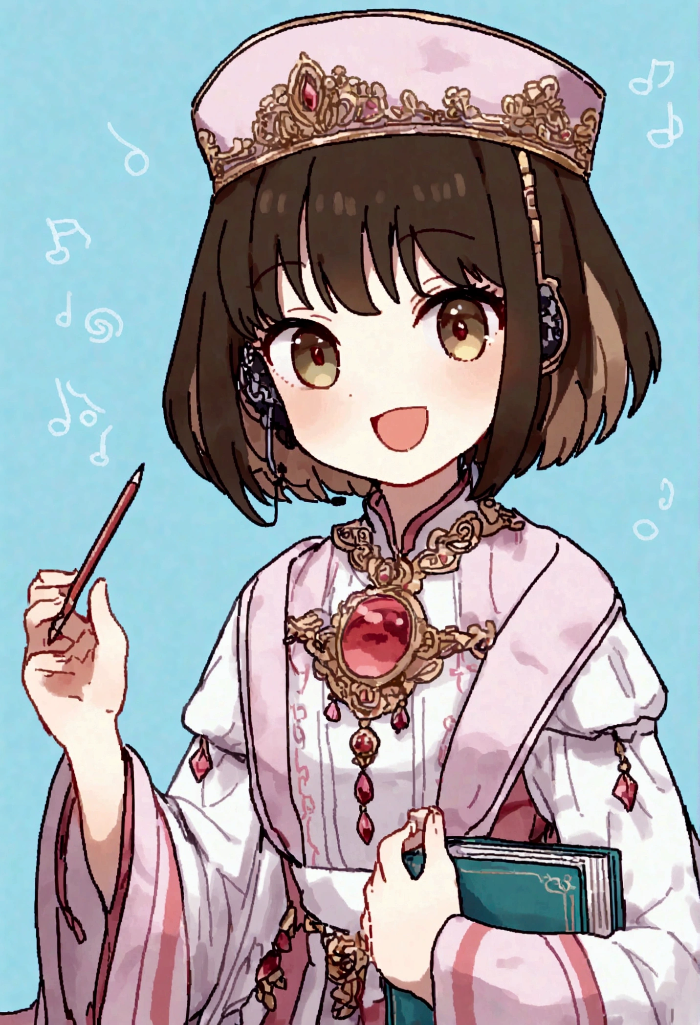 (Daisaku),(Need),(Super meticulous),(full bodyesbian:1.2),1girl,tchibi,adolable,ssmile,open-mouth smile,Light blue background,Raise your right hand,Hold a pencil in hand,Hold a book in your left hand,Music,Pink berets,Manteau,The shirt,short detailed hair,green headwear,Blurred,brunette color hair,longer sleeves,By bangs,Earphone,brunette color hair,(beautiful detailed face),(Beautiful and delicate eyes),