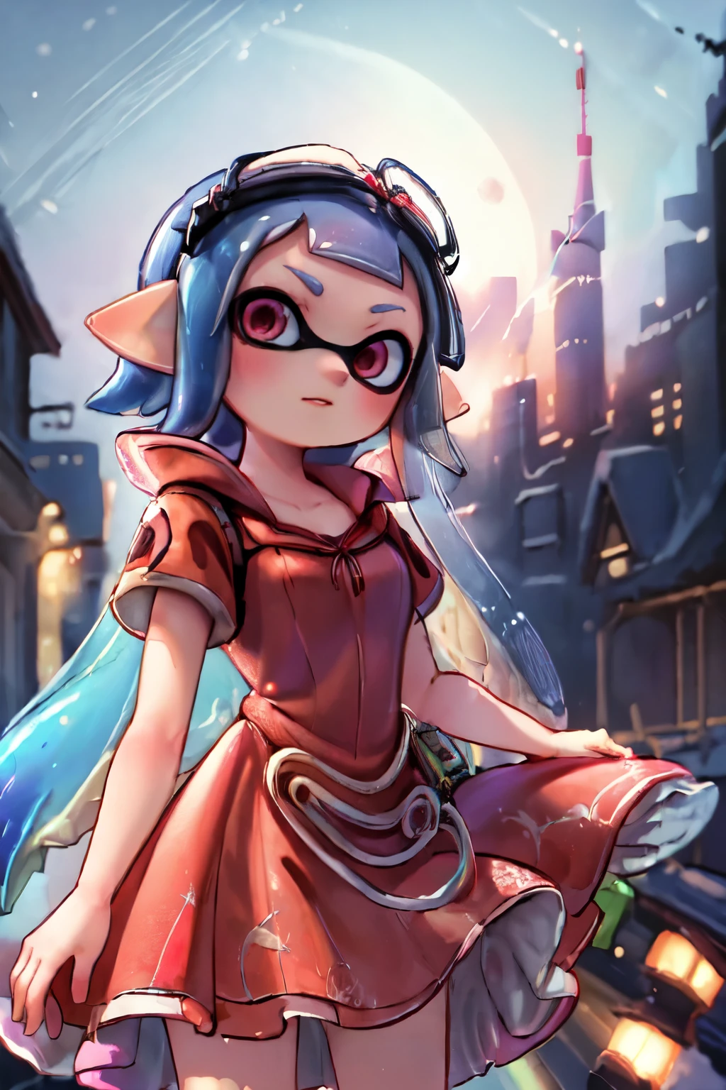 ((masterpiece:1.2), highest quality, High resolution, Super detailed), ((Splatoon Girl)), One girl, (Snow Princess w,Disney&#39;s Snow White Cosplay),(Beautiful Skin:1.2),(Droopy eyes:1.4), (19 years old,gigantic breast,Golden Eyes,Big eyes,Black tentacle hair,Short tentacle hair:1.1),Elegant face, blush、Smiling with mouth slightly open、(A red headband with a big red bow in the middle:1.3),
Snow White Costume、Princess,Red Cape,(dress,skirt), Cleavage、Cowboy Shot,
View Viewer, (Outdoor,At night,city:1.2) 