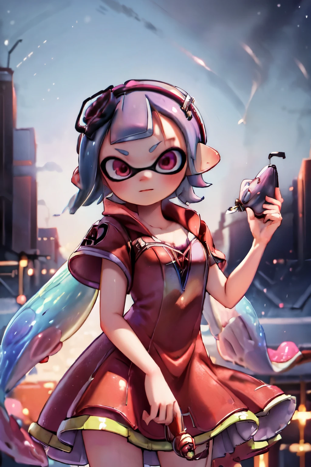 ((masterpiece:1.2), highest quality, High resolution, Super detailed), ((Splatoon Girl)), One girl, (Snow Princess w,Disney's Snow White Cosplay),(Beautiful Skin:1.2),(Droopy eyes:1.4), (19 years old,gigantic breast,Golden Eyes,Big eyes,Black tentacle hair,Short tentacle hair:1.1),Elegant face, blush、Smiling with mouth slightly open、(A red headband with a big red bow in the middle:1.3),
Snow White Costume、Princess,Red Cape,(dress,skirt), Cleavage、Cowboy Shot,
View Viewer, (Outdoor,At night,city:1.2)