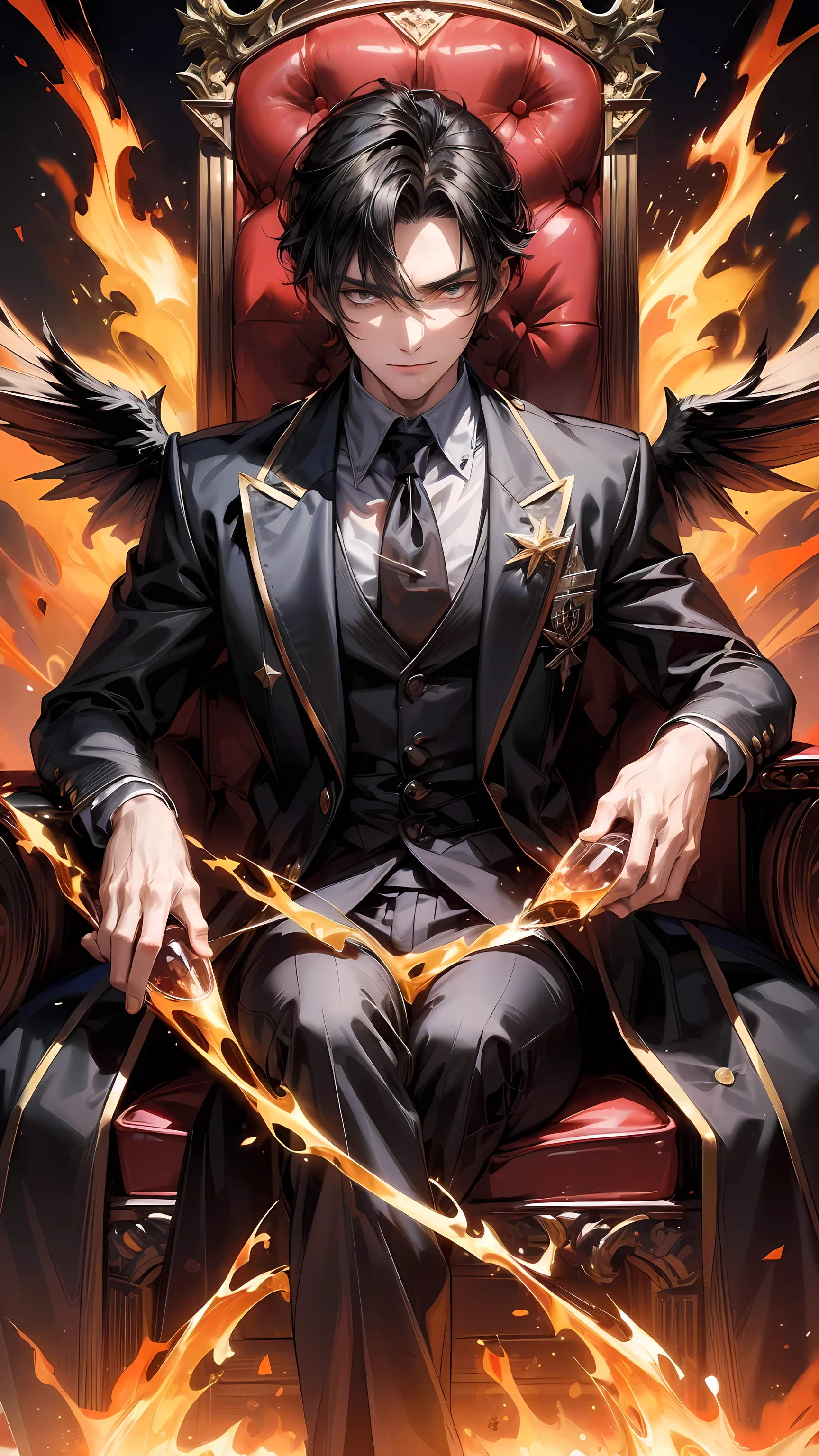 (8K, best quality, masterpiece:), Lucifer Morning Star, A dark-haired, masculine British male angel, naughty smile, Flame Wings, devil, Fallen Angel, Flames in the background, detail, Dark suit, Club theme, 1:1 Ratio, Sit on a throne and drink whiskey, detail, Practical