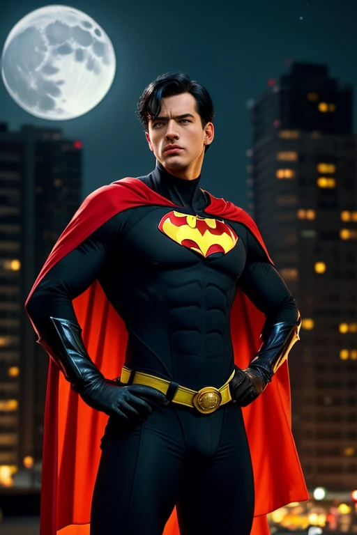 Robin_Batman_Forever, solo, black hair, gloves, 1boy, cowboy shot, male focus, boots, belt, black cape, mask, muscular, abs, skin tight, hands on hips, realistic, superhero, spandex, (bodysuit with red underwear), blue eyes, detailed eyes, (red underwear), city, night, moon,, (masterpiece,best quality:1.5)