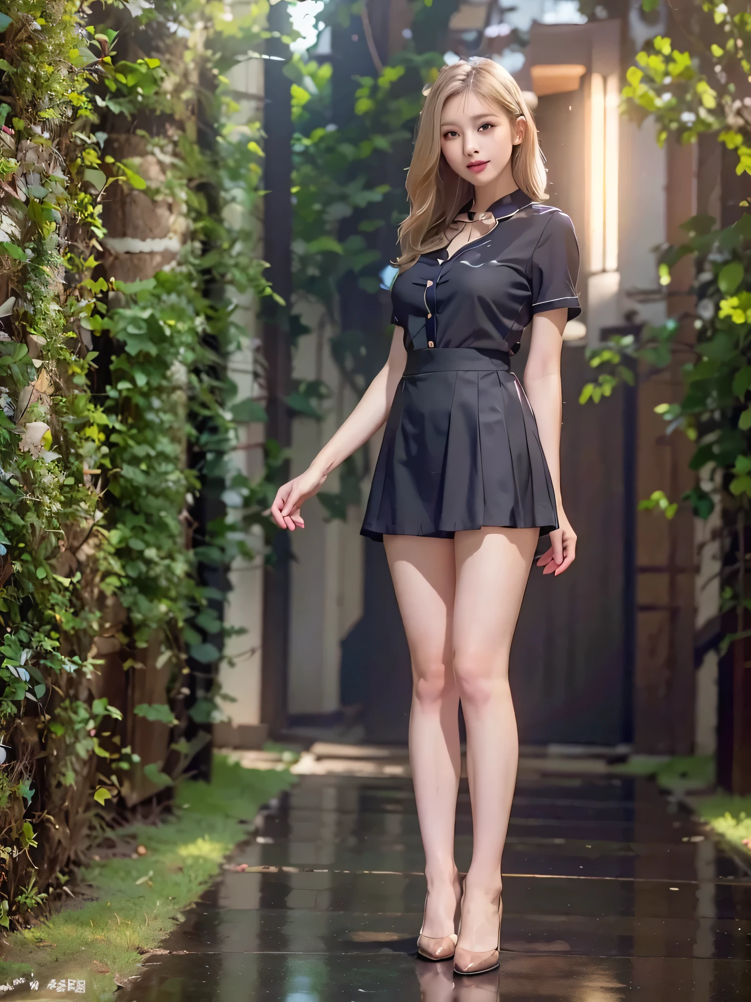 (Full body view)、(Only one person),Super Beauty、highest quality、8k、(超Real、Real、photograph)、Blonde,short hair,Very large breasts、Very beautiful breasts,Beautiful feet、Beautiful face、Beautiful eyes、Beautiful mouth、Beautiful lips、Beautiful nose、mini skirt,suit,Model pose、(Are standing:1.25)