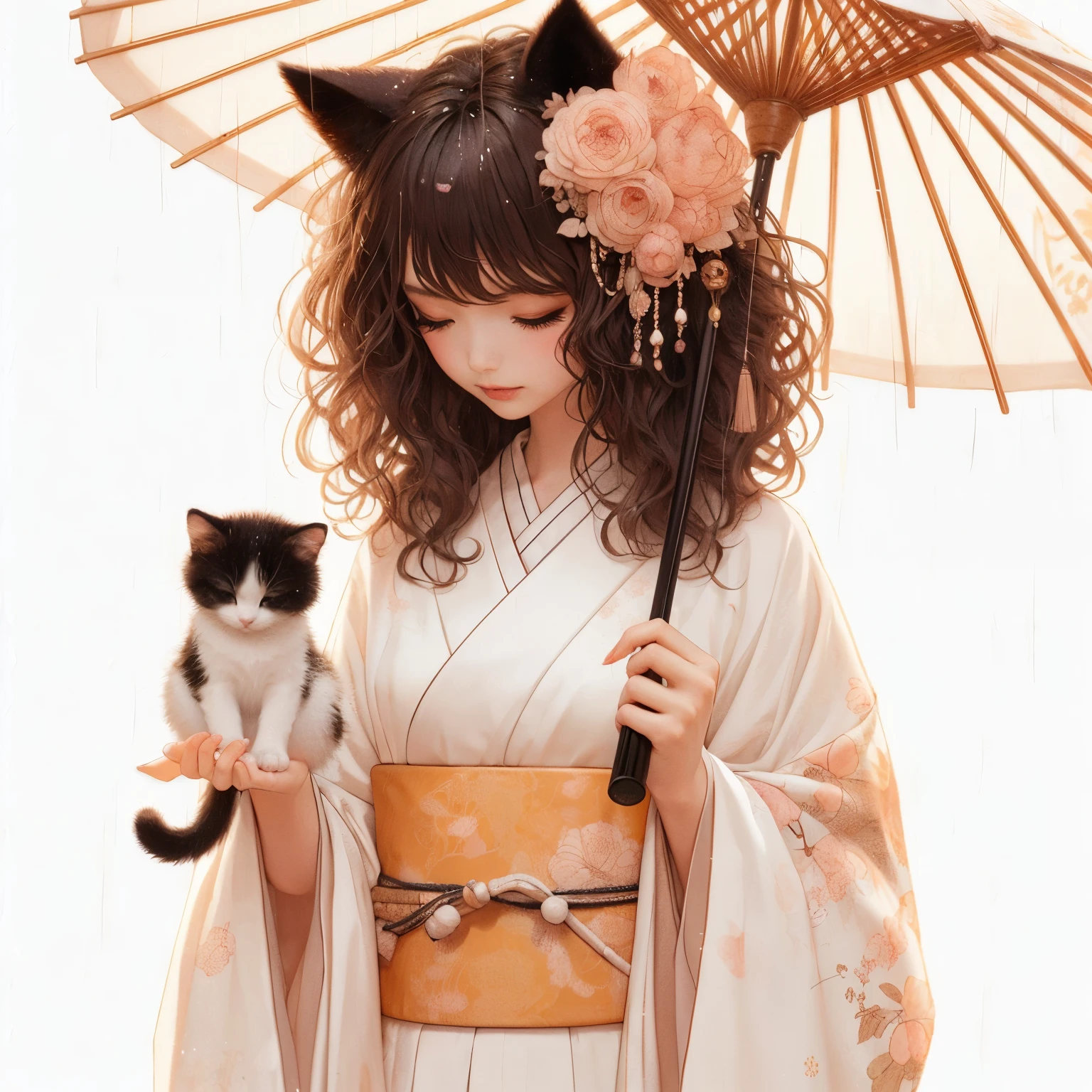 Tall Japanese girl curly hair in all white kimono, with hints of peach, black cat ears, small black and white cat, full body shot, white background, sighing in the rain, 8k resolution, in the style of da Vinci, golden kimono