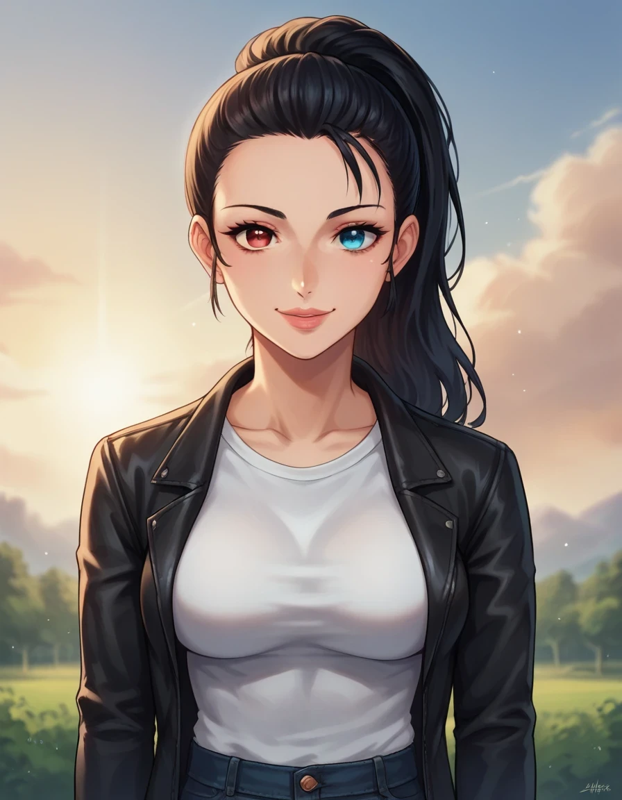 score_9, score_8_up, score_8, 
viola, ponytail hair, heterochromia eyes, left eye red, blue eye blue, 1girl, solo, blue eyes, heterochromia, ponytail, red eyes, black hair, lips
cute, smile, mature,
jeans, white tshirt, black leather jacket
outside, spring, amazing background, sky, clouds, sunset, 
portrait, bokeh, looking at the viewer