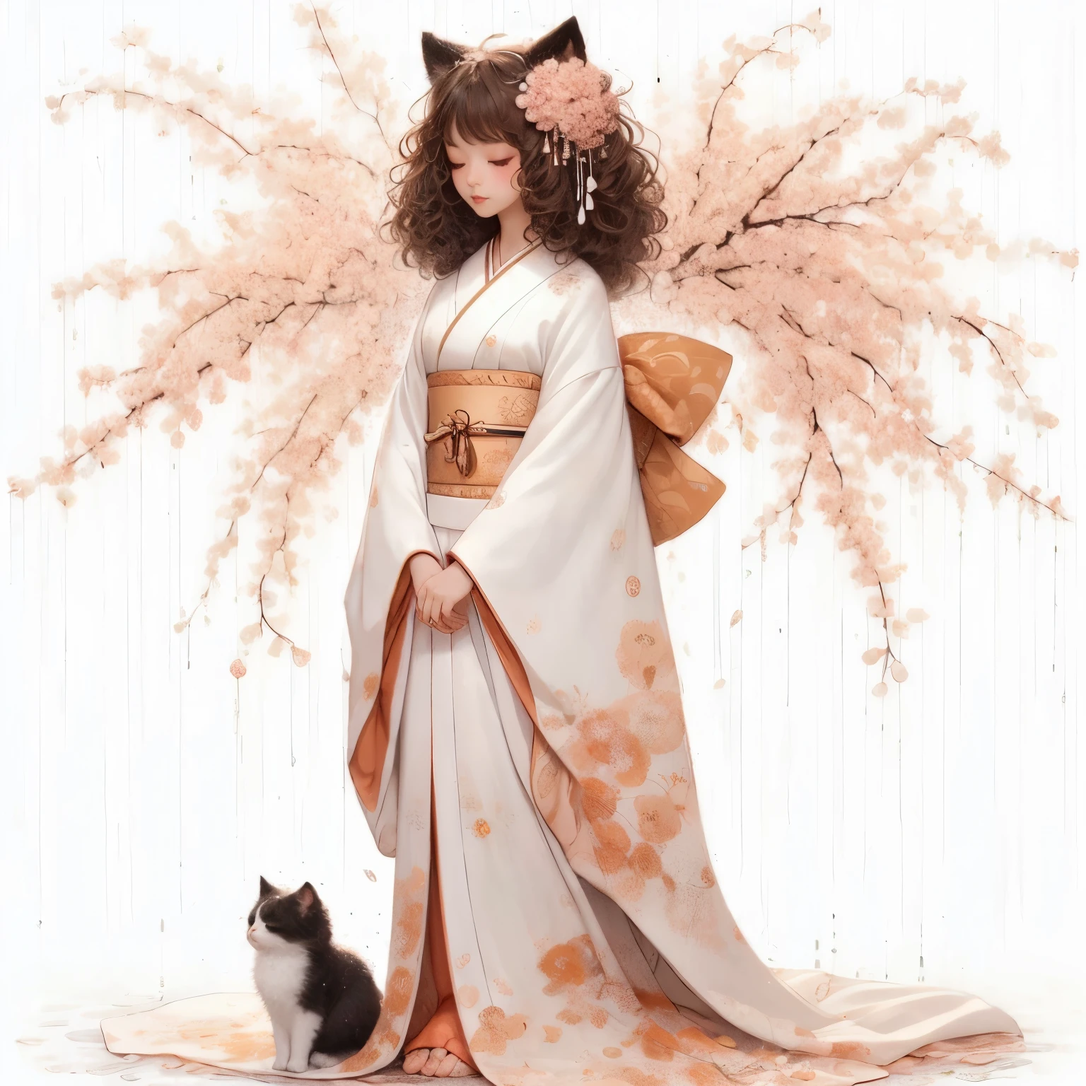 Tall Japanese girl curly hair in all white kimono, with hints of peach, black cat ears, small black and white cat, full body shot, white background, sighing in the rain, 8k resolution, in the style of da Vinci, golden kimono