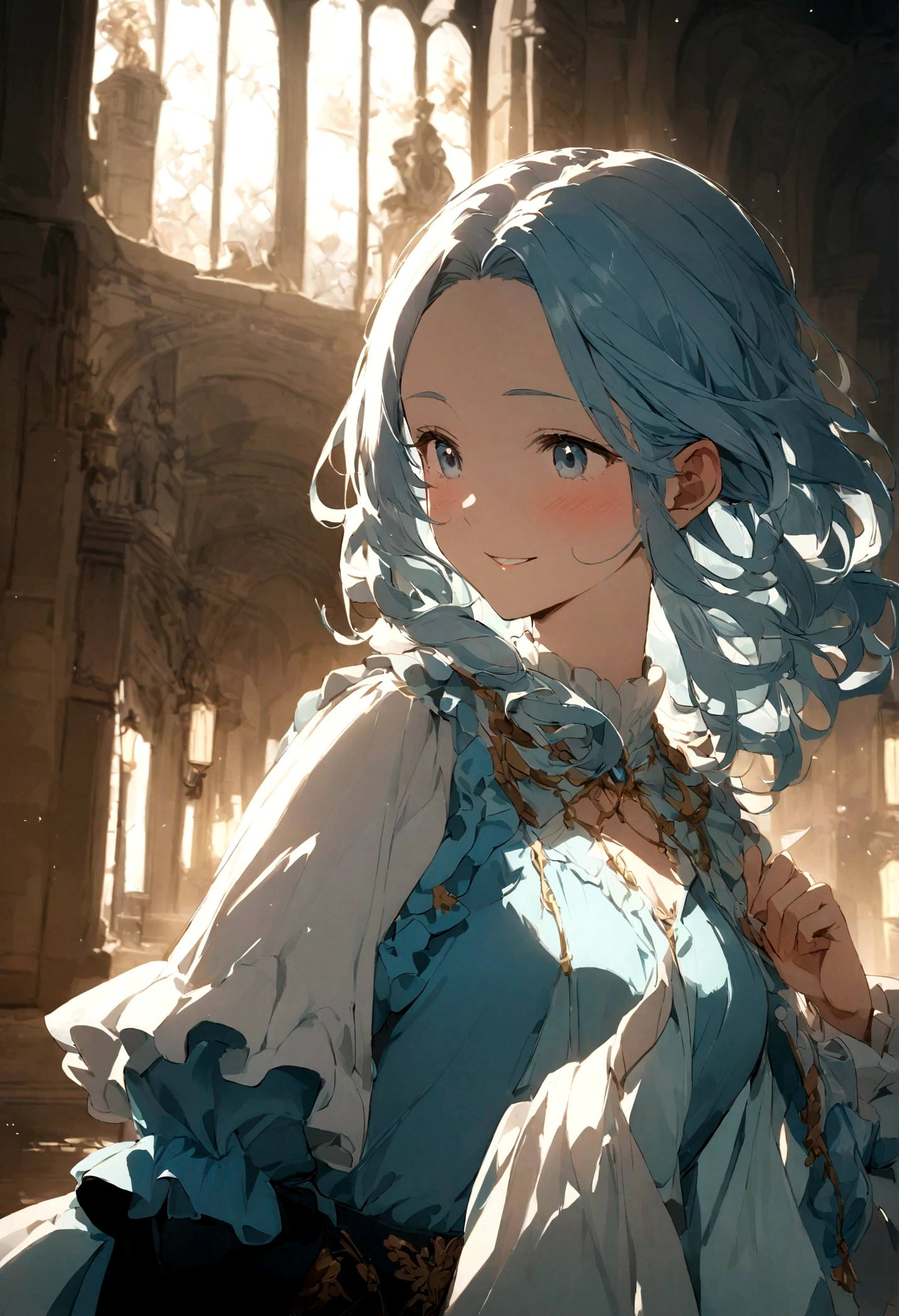 Land of Water、Ocean、Baroque architecture、Blue Top Hat、A 20-year-old woman with an innocent smile