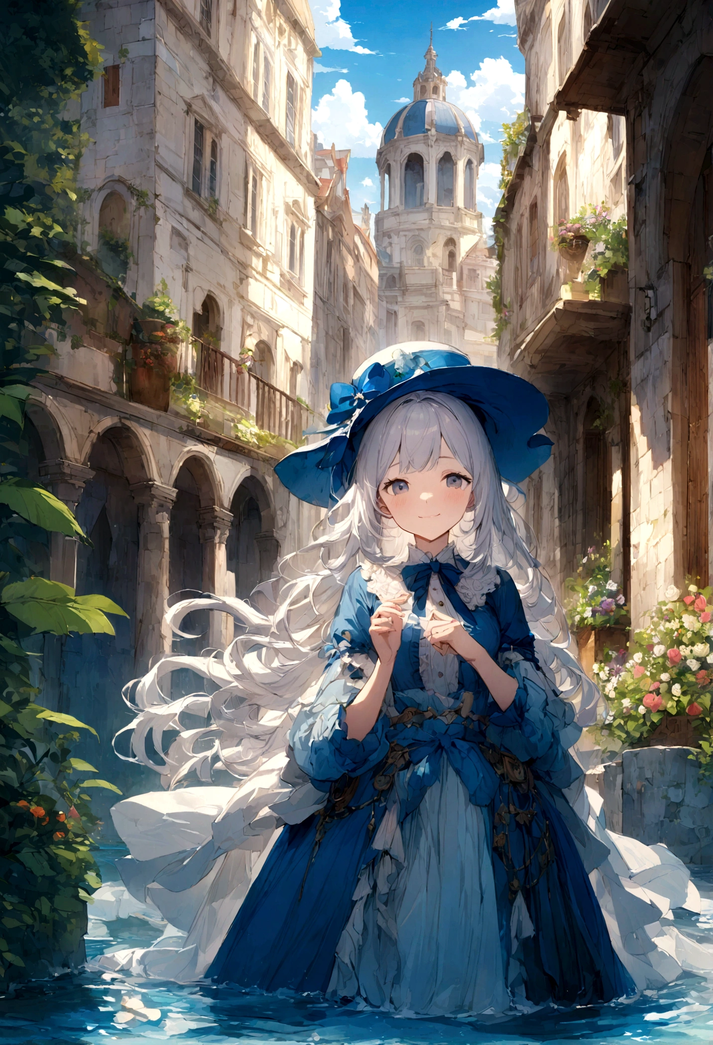 Land of Water、Ocean、Baroque architecture、Blue Top Hat、A 20-year-old woman with an innocent smile