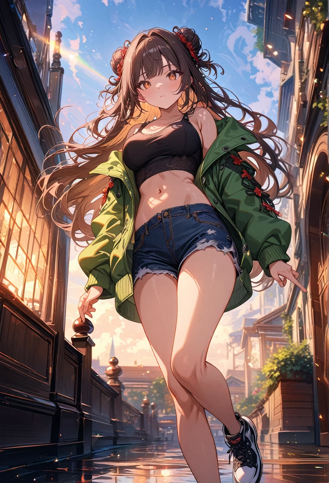 (masterpiece, best quality, very aesthetic, newest, absurdres, detailed, high quality), highest quality, highres, ultra fine painting, digital art, official art, cinematic, 4k, 8k resolution, 8K CG wallpaper, CG, (top quality, details:1.37), detailed background, High Dynamic Range, blurry background, golden hour, blue hour, Starburst effects, crepuscular rays, good ISO, high resolution, wide shot, from far away, epic lighting, RAW photo, POV, sharp focus, lens flare, light reflection, reflections, light source, intricate details, hard light, particle noise, professional photography, bokeh, depth of field, good lighting, hard colors, looking away, detailed lights and shadows, stylish, ultra-detailed, Pixiv, trending art, niji style, modern-days, master crafted, pose, solo, 1girl, a girl, correct fingers, detailed eyes, (medium big breasts:1.2), big thighs, short torso, flushtered, casual, (innocent face, cute, slim), nice hips, nice body, brown hair, (long flowing hair:1.2), twin buns hairstyle, long bangs, long hair, middle hair bangs, brown eyes, dynamic pose, full body, ((black string tanktop:1.2, tummy skin:1.1), off shoulder open green hoodie, shorts, outfit ornaments)