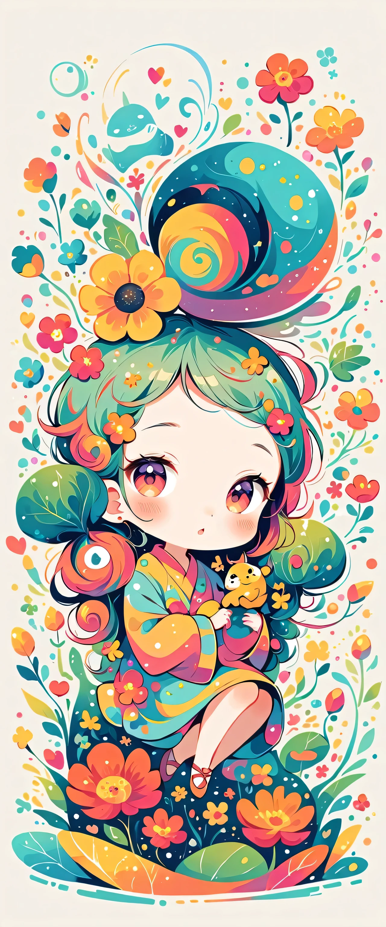 Watase Seizo style、The most beautiful girl of all time、Lips in Love、Colorful flowers、Simple line initials、Abstract art、(((chibi))), Colorful and cute alien, Totoro Forest