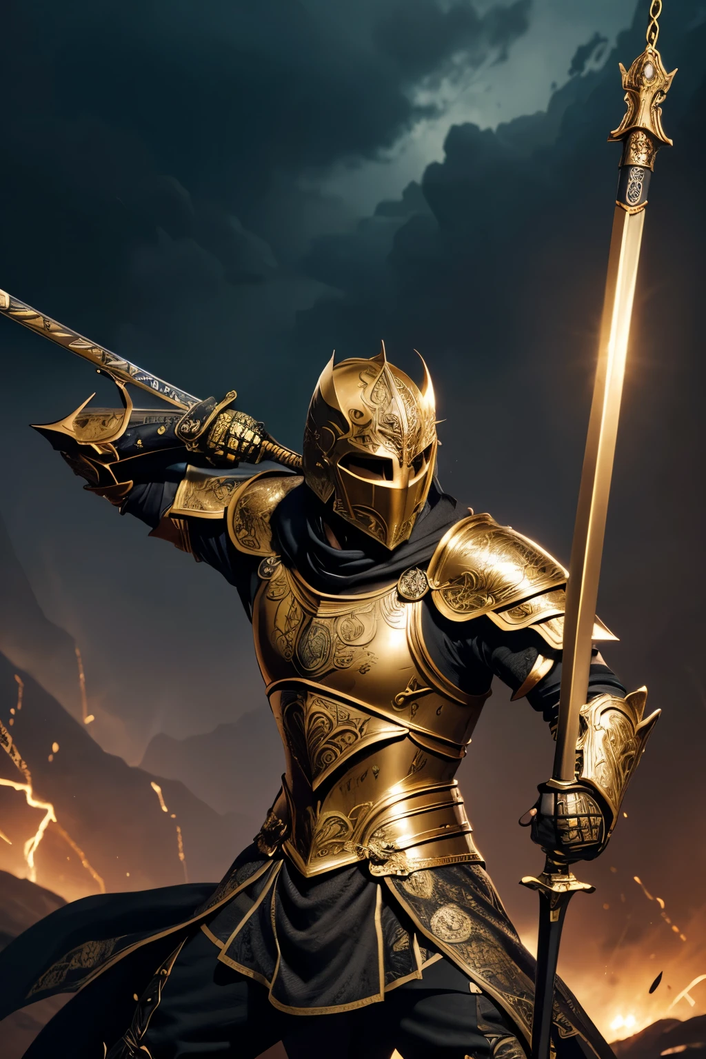 A golden knight wearing a mask, mid-action while swinging a sword. The knight's armor is intricately detailed with shining gold plates and ornate engravings. The scene captures the dynamic motion of the swing, with the sword glinting in the light. The background is a dramatic, dark landscape with hints of a stormy sky, adding to the intensity of the moment. The knight's stance is powerful and determined, emphasizing strength and bravery.