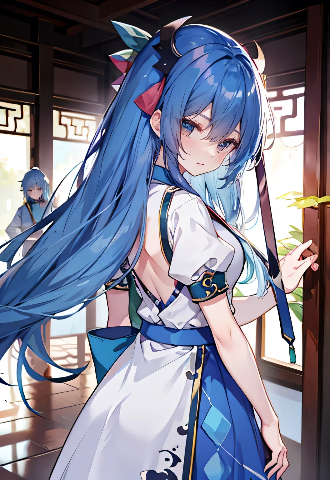 Blue Hair,blue eyes,Long hair,have,Sling Hanfu,Suspender Skirt,blue,Back,blush,Wang Zhaojun(Honor of Kings)Large Breasts