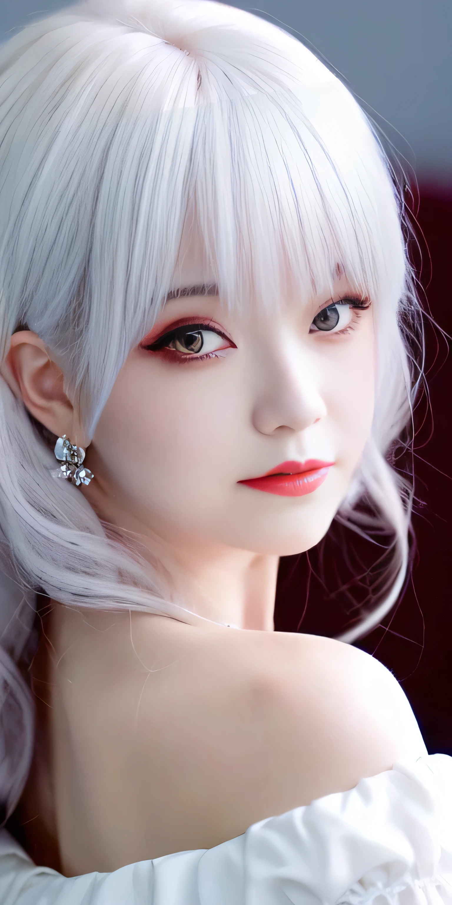 Detail eyes and cute face, high quality, pretty woman, sit on the chair, wearing white dress, red eyes, white hair color, hair around shoulder, her face like a vampire on anime