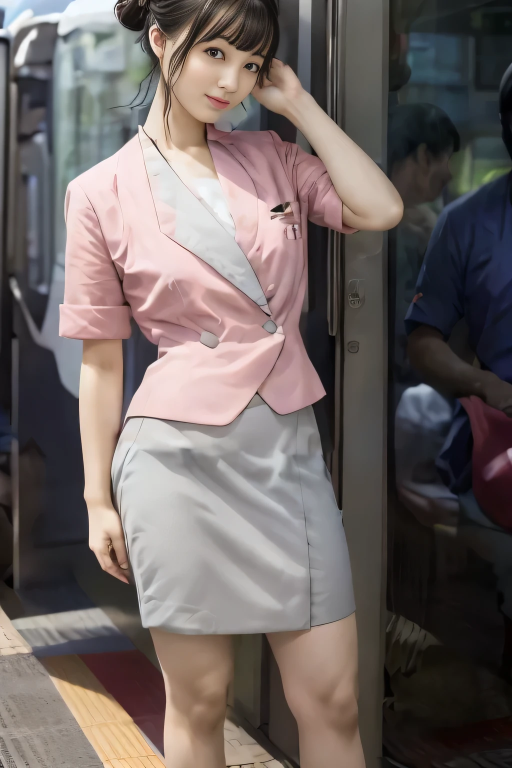 (masterpiece:1.2, highest quality:1.2), 32K HDR, High resolution, (alone、1 girl)、(On the rooftop of a building in the daytime、Professional Lighting)、Building rooftop background、(Nankai train crew uniform pinkを着たリアルスタイル)、(Nankai train crew uniform pink short sleeve pink jacket、Nankai Train Crew Uniform Pink Collarless Short Sleeve Blouse、Nankai Train Crew Uniform Pink Grey Knee-length Culottes)、Dark brown hair、(Hair tied up、Hair Bun、Hair Bun)、Dark brown hair、Long Shot、Big Breasts、Thin legs、((Great hands:2.0)),((Harmonious body proportions:1.5)),((Normal limbs:2.0)),((Normal finger:2.0)),((Delicate eyes:2.0)),((Normal eyes:2.0)))、smile、(Nankai Train Crew Uniform Pink Grey Knee-length Culottesを見せた美しい歩く姿)、Place your hands around your stomach