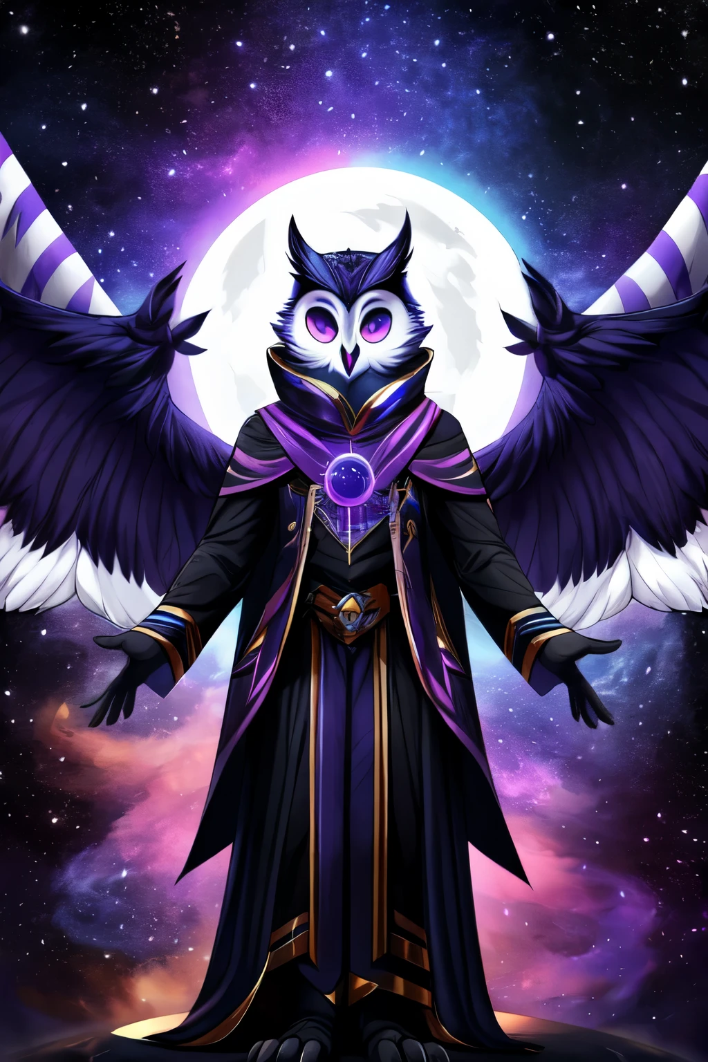 Owl Person, blue and purple, furry, space, magic, tall, large black wings wings with vertical white stripes, male