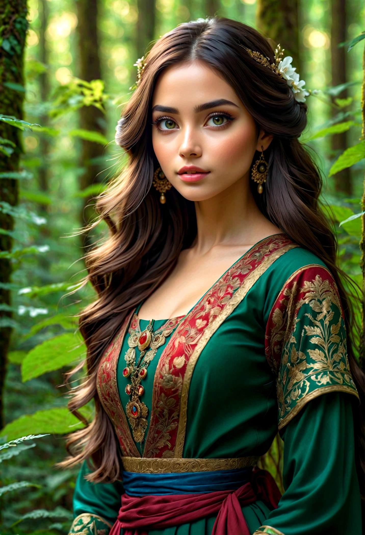 a beautiful detailed girl with long flowing hair wearing an elegant traditional costume, standing in a lush green forest landscape, (best quality,4k,8k,highres,masterpiece:1.2),ultra-detailed,extremely detailed eyes and face,longeyelashes,intricate details,vivid colors,soft lighting,cinematic composition