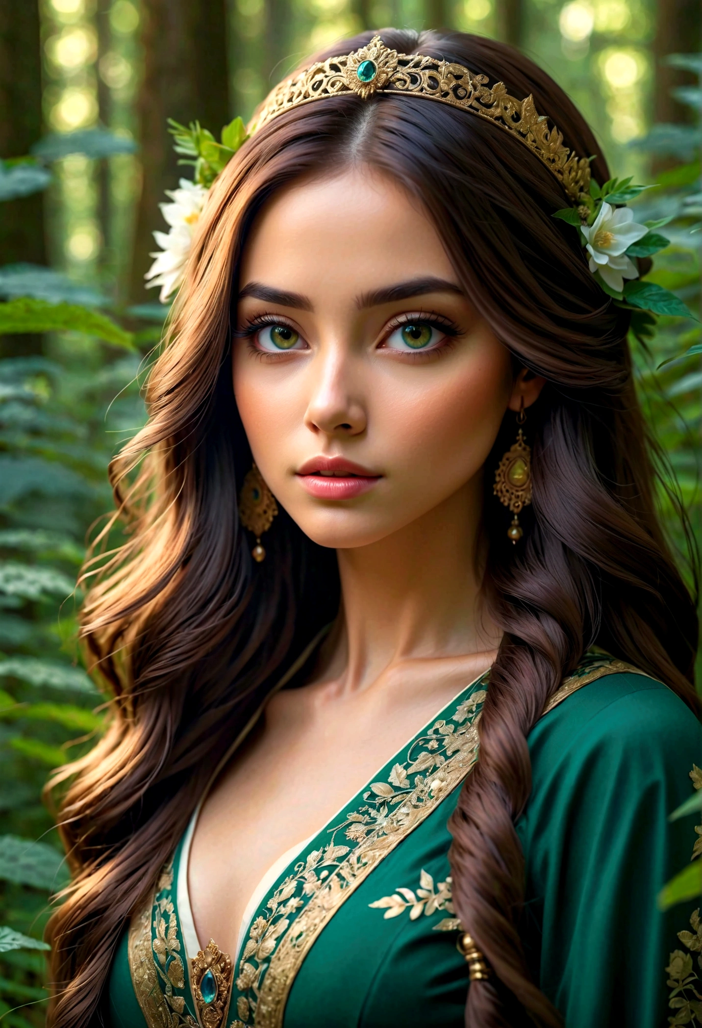 a beautiful detailed girl with long flowing hair wearing an elegant traditional costume, standing in a lush green forest landscape, (best quality,4k,8k,highres,masterpiece:1.2),ultra-detailed,extremely detailed eyes and face,longeyelashes,intricate details,vivid colors,soft lighting,cinematic composition