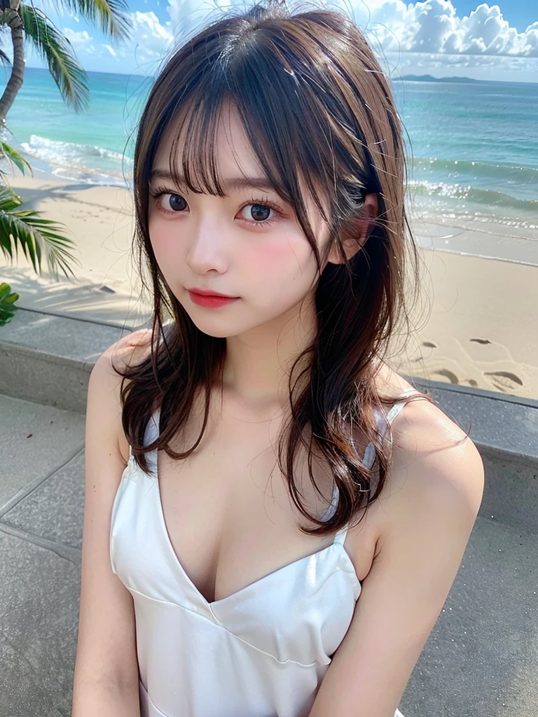 highest quality, shape, Very detailed, finely, High resolution, 8k wallpaper, Perfect dynamic shape, Beautiful and exquisite, Summer clothes,Medium Hair,Natural color lip,smile,20-year-old girl、Midnight、Beautiful and elaborate face、Perfect and beautiful face、Slim face and figure,Big eyes,Small face、Beautifully detailed face、Perfect and beautiful double eyelids、G-cup 、valley、 Thin legs、One Woman、gravure、Observe the audience、stroll、Ocean、Looking into the distance、Hawaii、bikini、Beach、Sexy pose、