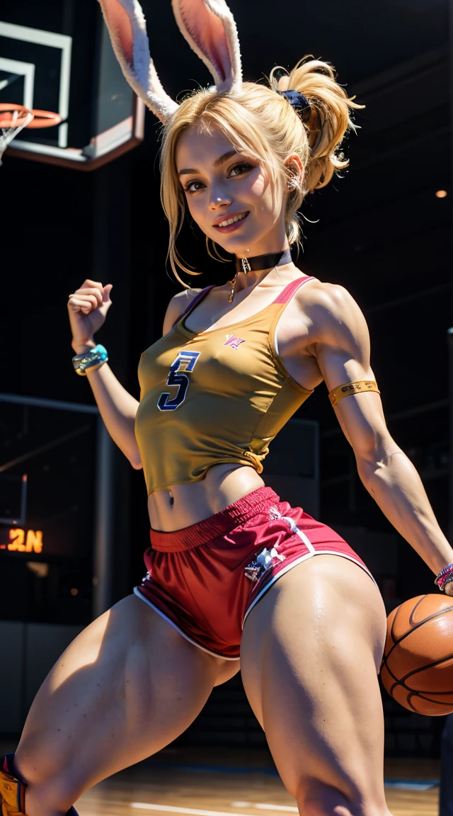 (Muscular:2.2), (thick thighs:2.3), (latina female), (tan skin:2), (blonde hair, bunny ears:1.5), adult, ponytail, (glasses), earrings, eyeshadow, lipstick, (upper body view), (striations), (hard nipples), (small breasts:2.5), (choker, basketball shorts, basketball jersey, bracelet:1.7), (sculped muscles:1.6), detailed eyes, (athletic body:1.5), (muscular body:2), (looking at viewer), (big smile:1.7), rim lighting, two tone lighting, dimly lit, clean skin, low key (DETAILED SKIN)