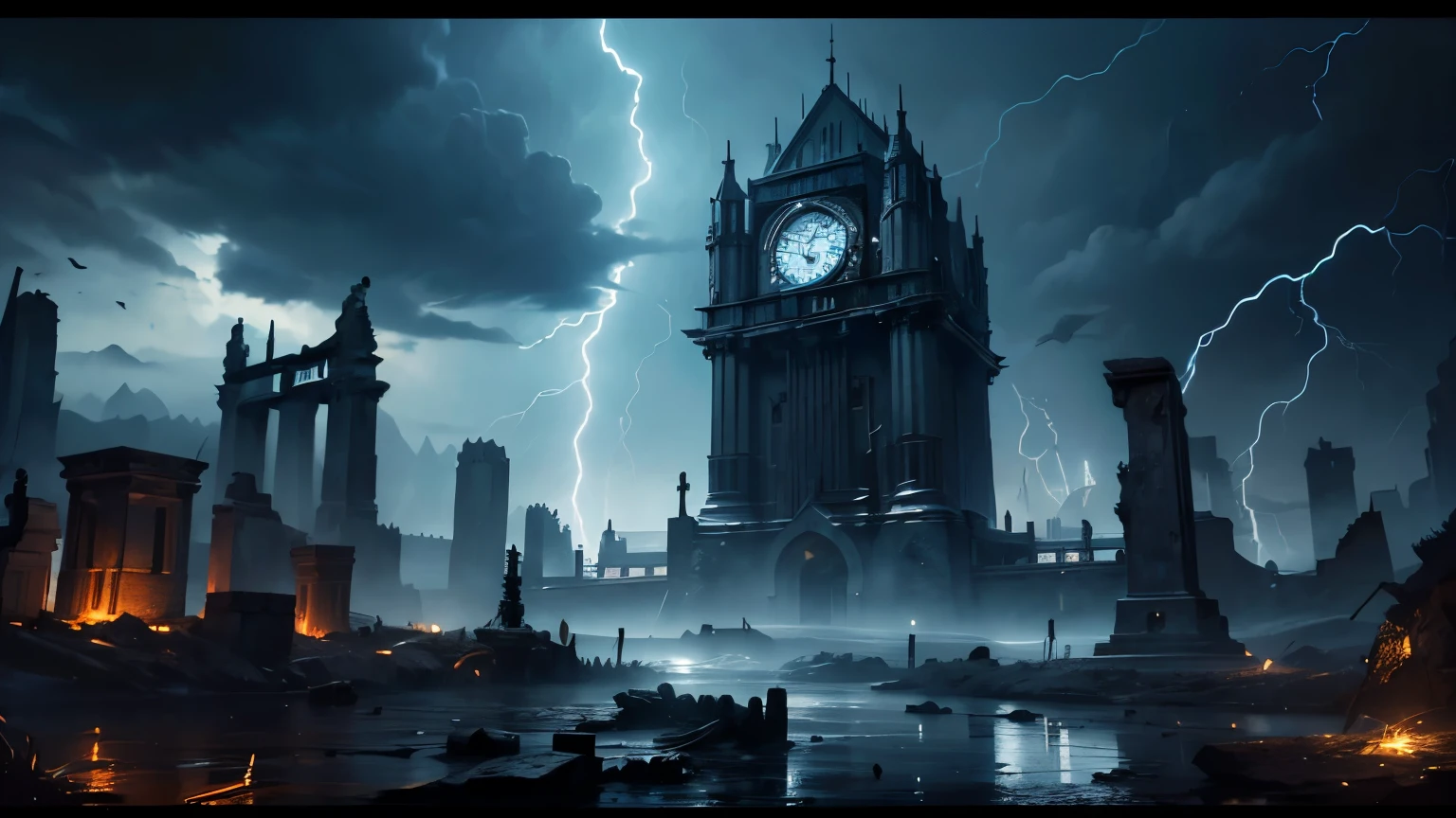 (masterpiece),(best quality),8k,high detailed,ultra-detailed,A lightning bolt illuminates an ancient and mysterious clock in the dark,darkness,(lightning bolt),ancient clock,ruins,(clock gears),(raven in the storm),photorealistic,octane,Film sense,4k,Panorama