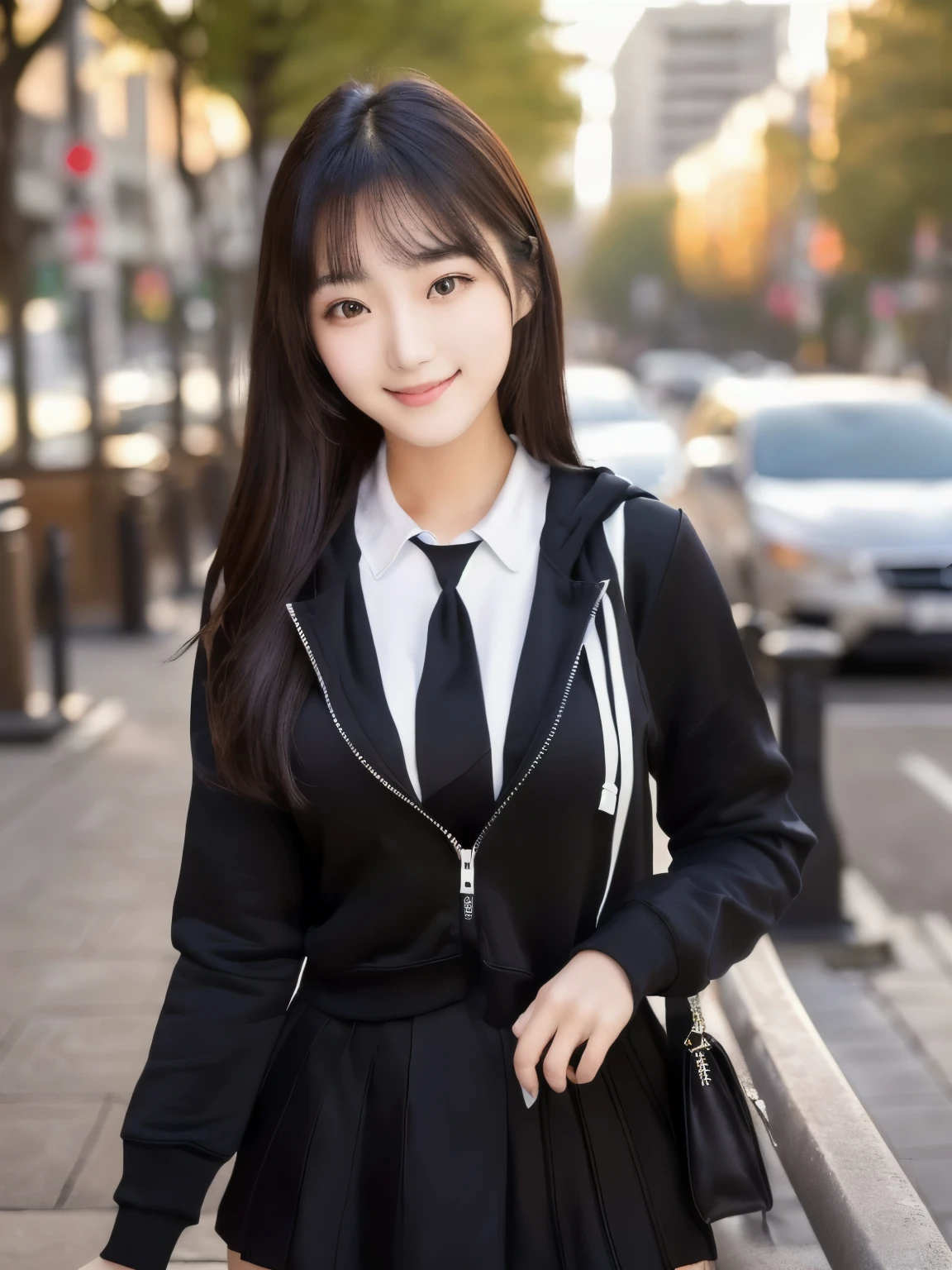 Japanese Beauty, One Girl, (beautiful girl:1.3), (18-year-old:1.2), Very fine grain definition, (Symmetrical eyes:1.3), Beautiful breasts, smile, Sitting on a bench, White zip-up hoodie, Black tank top, looking at the camera, the front of the hoodie is open