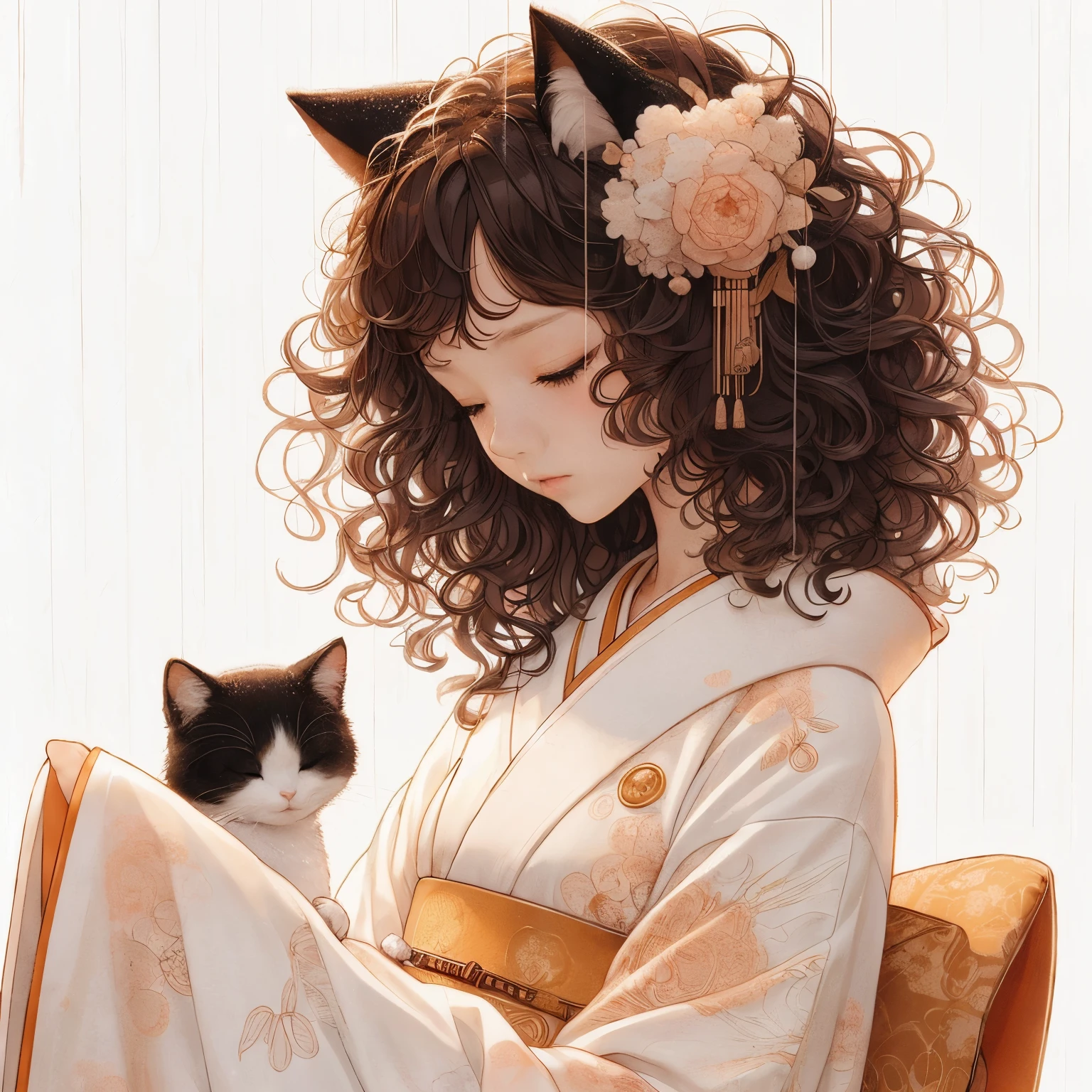 Tall Japanese girl curly hair in all white kimono, with hints of peach, black cat ears, small black and white cat, full body shot, white background, sighing in the rain, 8k resolution, in the style of da Vinci, golden kimono