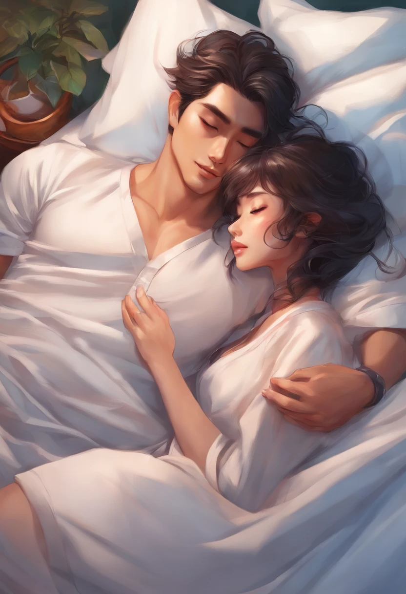 Anime drawing of a vietnamese man and a woman, cuddling in bed, artgerm and genzoman, Lovers melt in bed