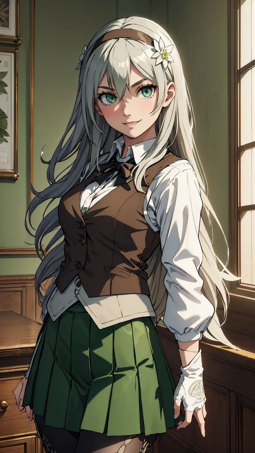 最high quality、Ultra High Definition, Ultra High Quality, Hyper Definition, Hyper Quality, Hyper Detailed, Extremely Detailed, Perfectly Detailed, Best image quality、 8k, 1 Anime Female, masterpiece、1 Anime Female ((20-year-old、 Solid Green Eyes, Silver long Hair、Disheveled Hair、Long Hair、thin,Fingerless Glove、Green Skirt, Tights, smile、White Flower Barrette、Women's Brown Vest , Dressed in school)),high quality、Beautiful art、background((Inside the mansion))