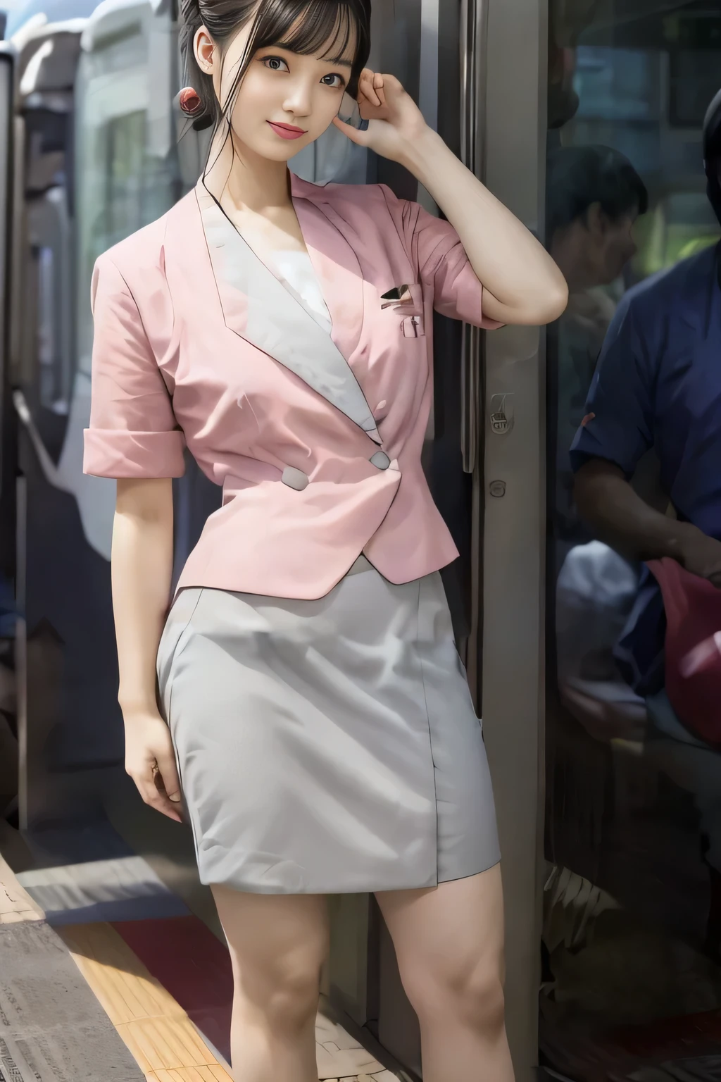 (masterpiece:1.2, highest quality:1.2), 32K HDR, High resolution, (alone、1 girl)、（On the rooftop of a building in the daytime、Professional Lighting）、Building rooftop background、（Nankai train crew uniform pinkを着たリアルスタイル）、（Nankai train crew uniform pink short sleeve pink jacket、Nankai Train Crew Uniform Pink Collarless Short Sleeve Blouse、Nankai Train Crew Uniform Pink Grey Knee-length Culottes）、Dark brown hair、（Hair tied up、Hair Bun、Hair Bun）、Dark brown hair、Long Shot、Big Breasts、Thin legs、（（Great hands：2.0）），（（Harmonious body proportions：1.5）），（（Normal limbs：2.0）），（（Normal finger：2.0）），（（Delicate eyes：2.0）），（（Normal eyes：2.0））)、smile、（Nankai Train Crew Uniform Pink Grey Knee-length Culottesを見せた美しい歩く姿）、Place your hands around your stomach