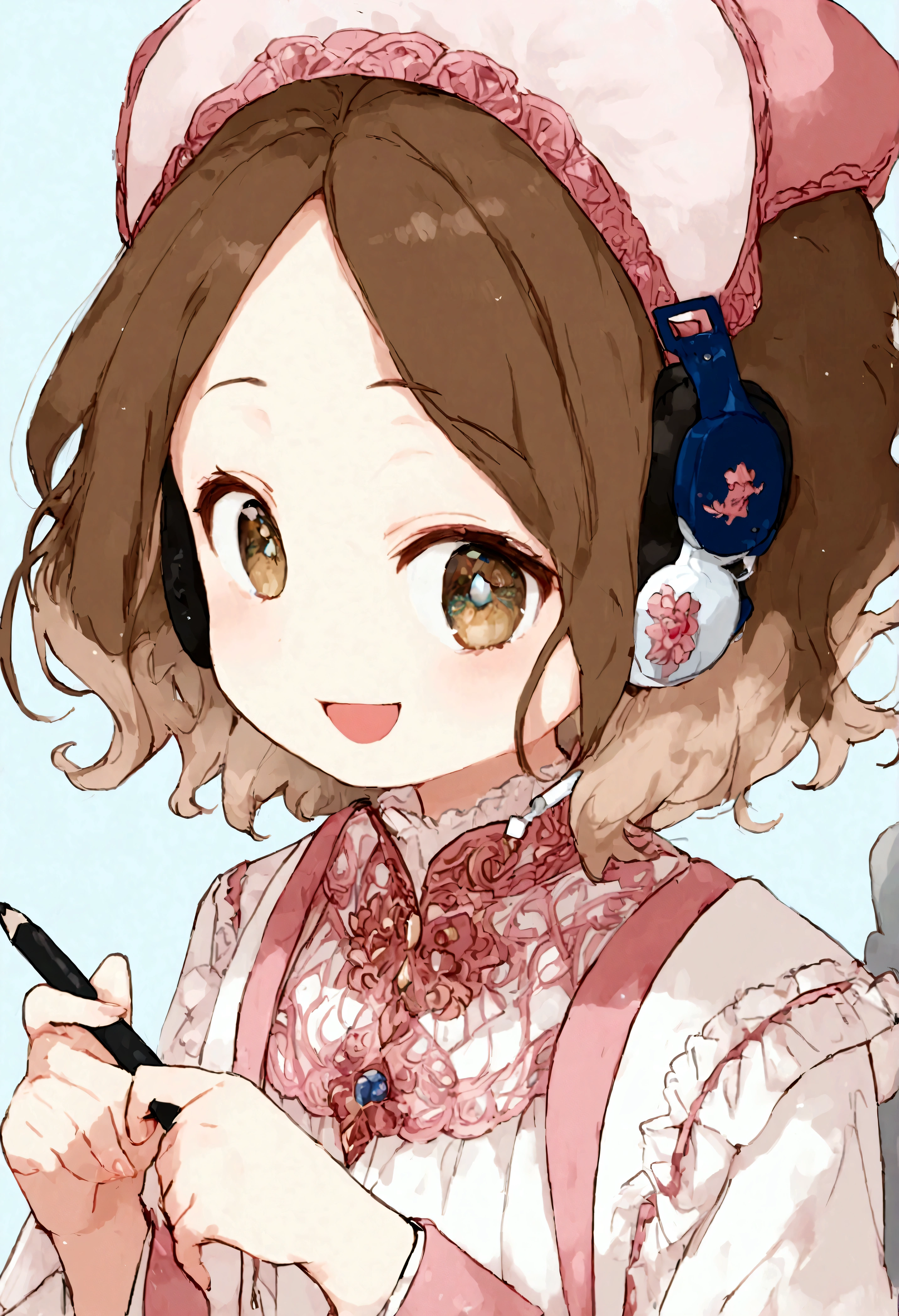 (Daisaku),(Need),(Super meticulous),(full bodyesbian:1.2),1girl,tchibi,adolable,ssmile,open-mouth smile,Light blue background,Raise your right hand,Hold a pencil in hand,Hold a book in your left hand,Music,Pink berets,Manteau,The shirt,short detailed hair,green headwear,Blurred,brunette color hair,longer sleeves,By bangs,Earphone,brunette color hair,(beautiful  detailed face),(Beautiful and delicate eyes),