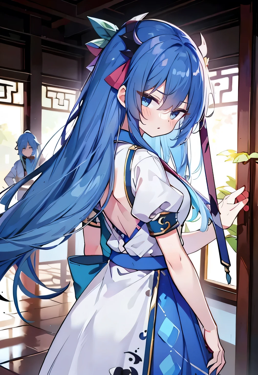 Blue Hair,blue eyes,Long hair,have,Sling Hanfu,Suspender Skirt,blue,Back,blush,Wang Zhaojun(Honor of Kings)Large Breasts