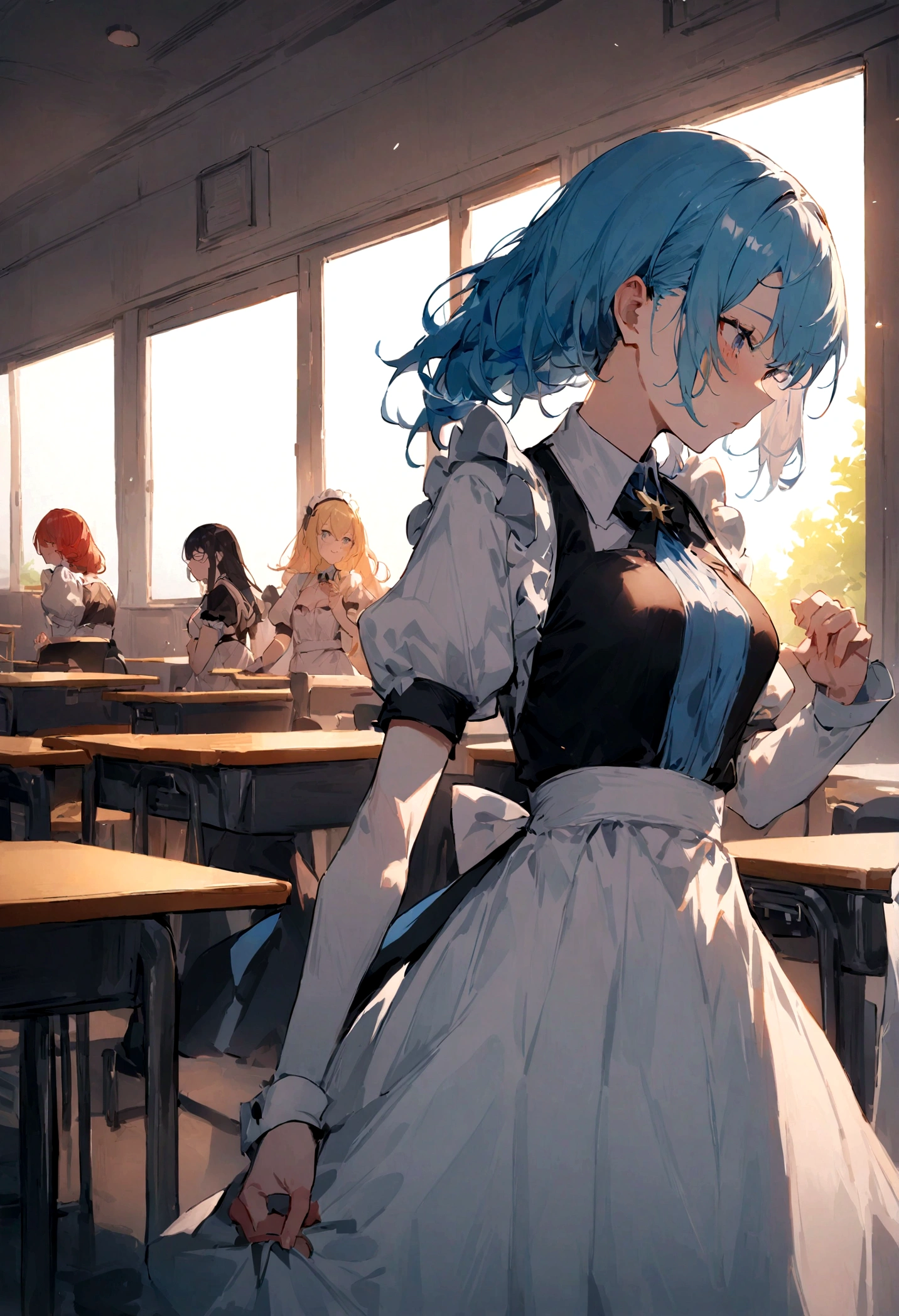 One girl,masterpiece, highest quality, so beautiful, Absurd,
Againm, Again:Zero - A life starting in another world - A demon maid with deep loyalty and affection for the protagonist, Subaru, Demonstrating immense power and emotional depth,((exam:1.3), classroom, exam hall,