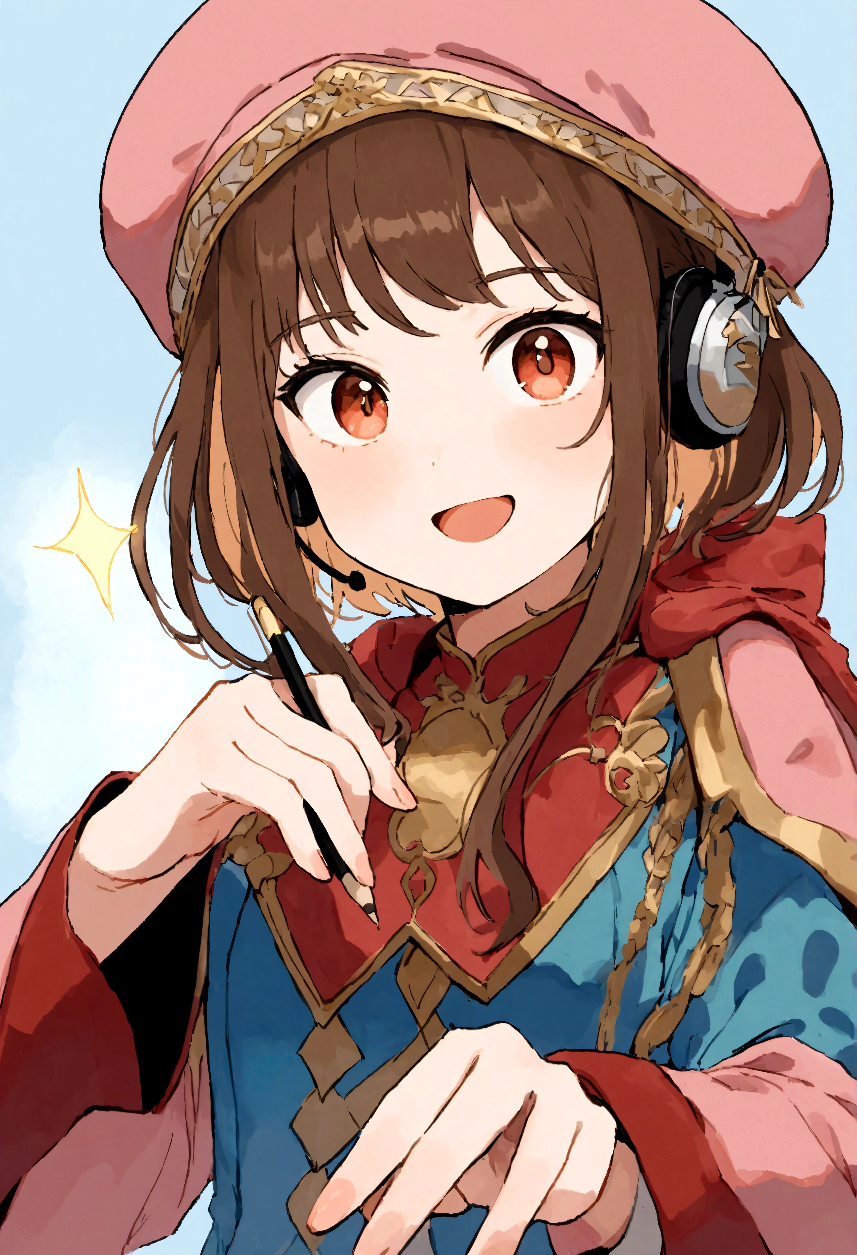 (Daisaku),(Need),(Super meticulous),(full bodyesbian:1.2),1girl,tchibi,adolable,ssmile,open-mouth smile,Light blue background,Raise your right hand,Hold a pencil in hand,Hold a book in your left hand,Music,Pink berets,Manteau,The shirt,short detailed hair,green headwear,Blurred,brunette color hair,longer sleeves,By bangs,Earphone,brunette color hair,(beautiful detailed face),(Beautiful and delicate eyes),