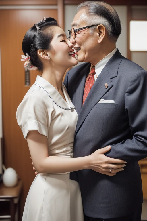 Seoul, 1952, (((1 korean young girl and 1 old korean man facing each other))) ,{ A young korean girl, 23-year-old, strikingly beautiful, delicate facial features, porcelain skin, expressive eyes, big breasts, in the bedroom, ((awe and joy expression)), ((((clothings from the 1950s)))), ((hairstyle of the 1950s)),(pin up hairstyle)}, colorful, a picture, (((60 years old korean man wearing business suit))), (((60 years old korean man hugging on korean young girl's chest))), korean young girl kiss on old man's cheek, focus on old man,
